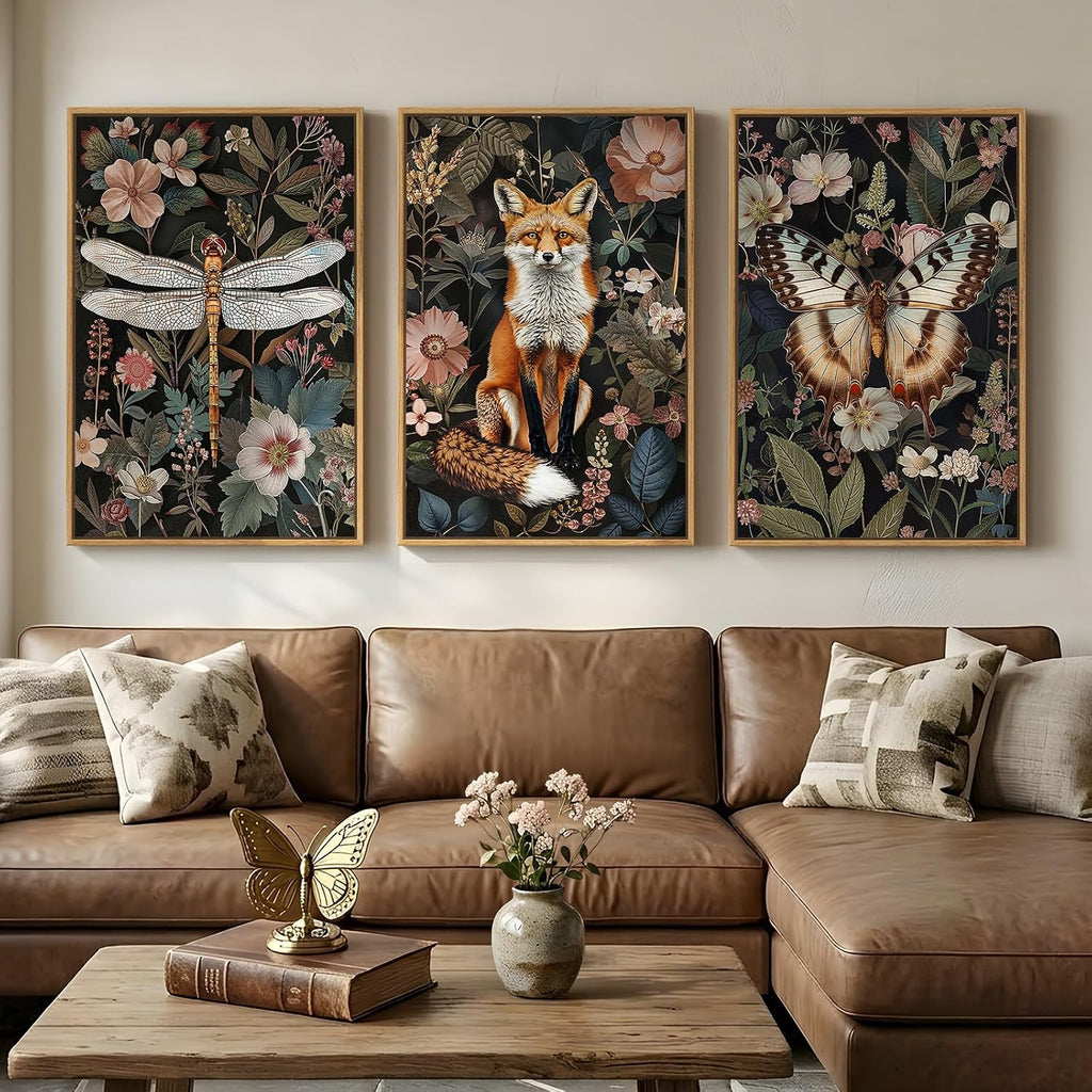 Framed Vintage Botanical Animal Wall Art Set of 3, Dark Floral Butterfly Dragonfly Fox Nature Canvas Prints, Rustic Forest Cottage core Garden Wall Decor for Living Room Bedroom Office, 24x36 Inch