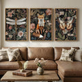 Framed Vintage Botanical Animal Wall Art Set of 3, Dark Floral Butterfly Dragonfly Fox Nature Canvas Prints, Rustic Forest Cottage core Garden Wall Decor for Living Room Bedroom Office, 24x36 Inch