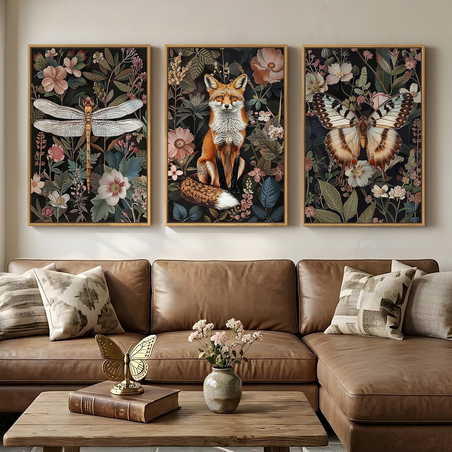 Framed Vintage Botanical Animal Wall Art Set of 3, Dark Floral Butterfly Dragonfly Fox Nature Canvas Prints, Rustic Forest Cottage core Garden Wall Decor for Living Room Bedroom Office, 24x36 Inch