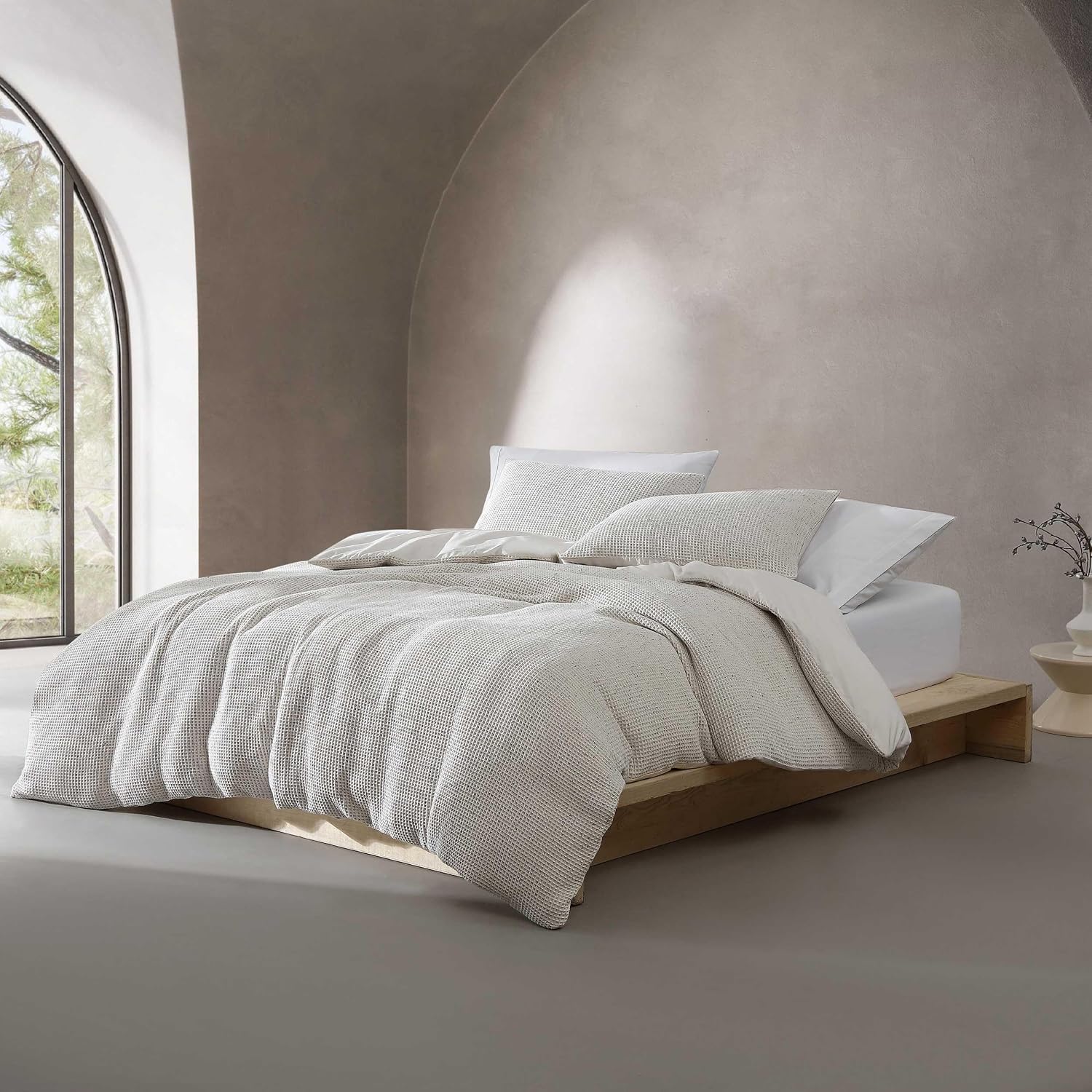 Calvin Klein - Queen Duvet Cover Set, Garment Washed Cotton Bedding with Matching Shams (Speckled Waffle Ivory, Queen)