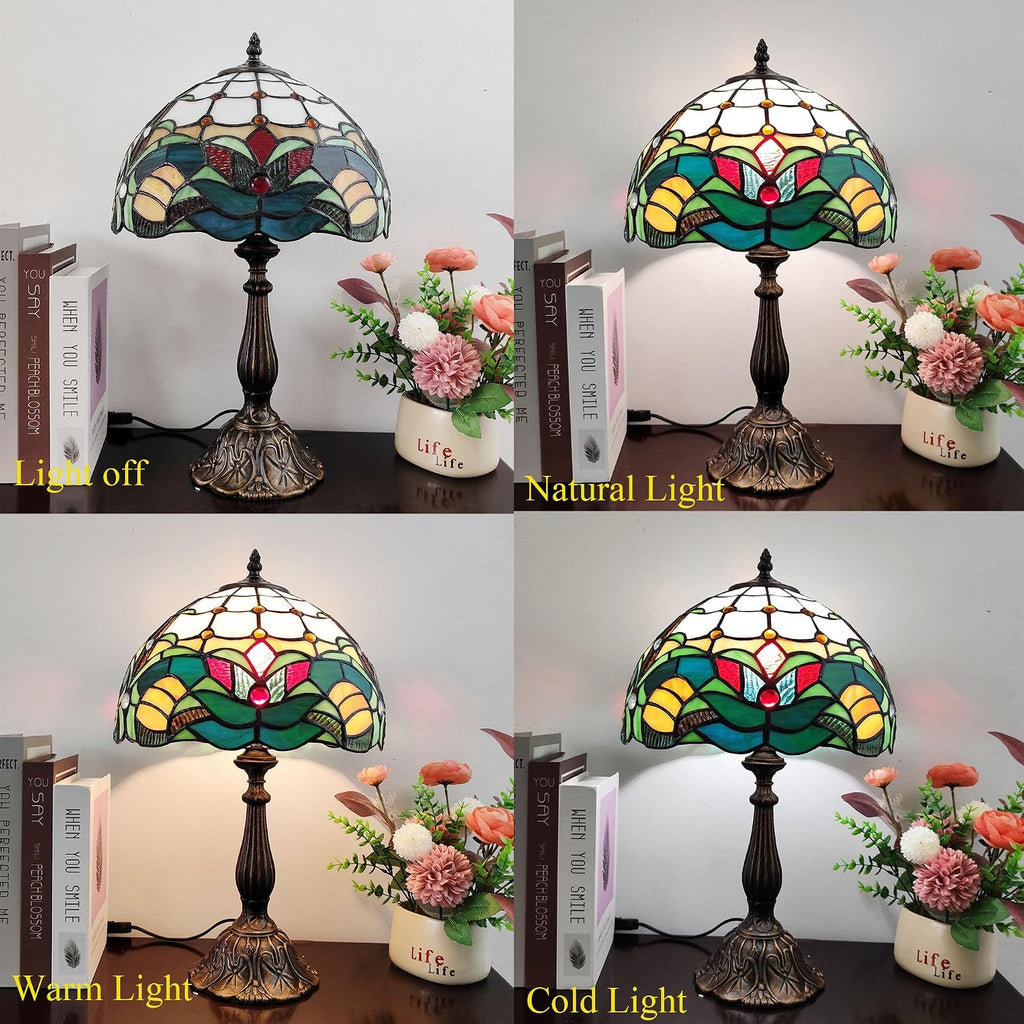 Tiffany Table Lamp Green Flowers Style Stained Glass Desk Light 12 Inch Tiffany Style Bedside Lamp with LED Bulb for Bedroom Living Room Office Decor