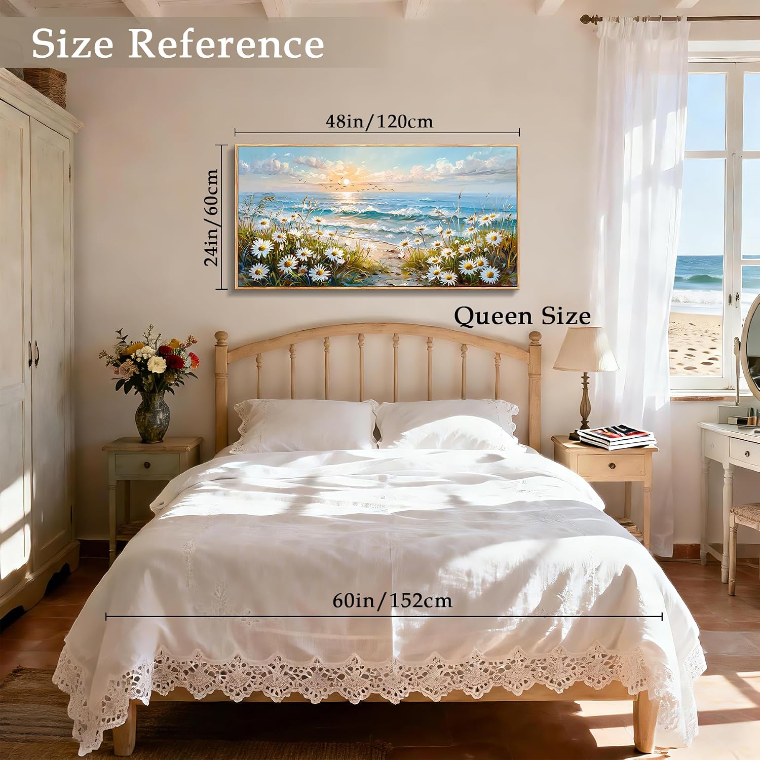 imjiayu Coastal Wall Art, Large Framed Wall Art, Beach Wall Decor, Rustic Sunset Landscape Picture Prints, Seaside Wildflowers Paintings Wall Decor Living Room Bedroom Beachy House Decorations 24'x48'