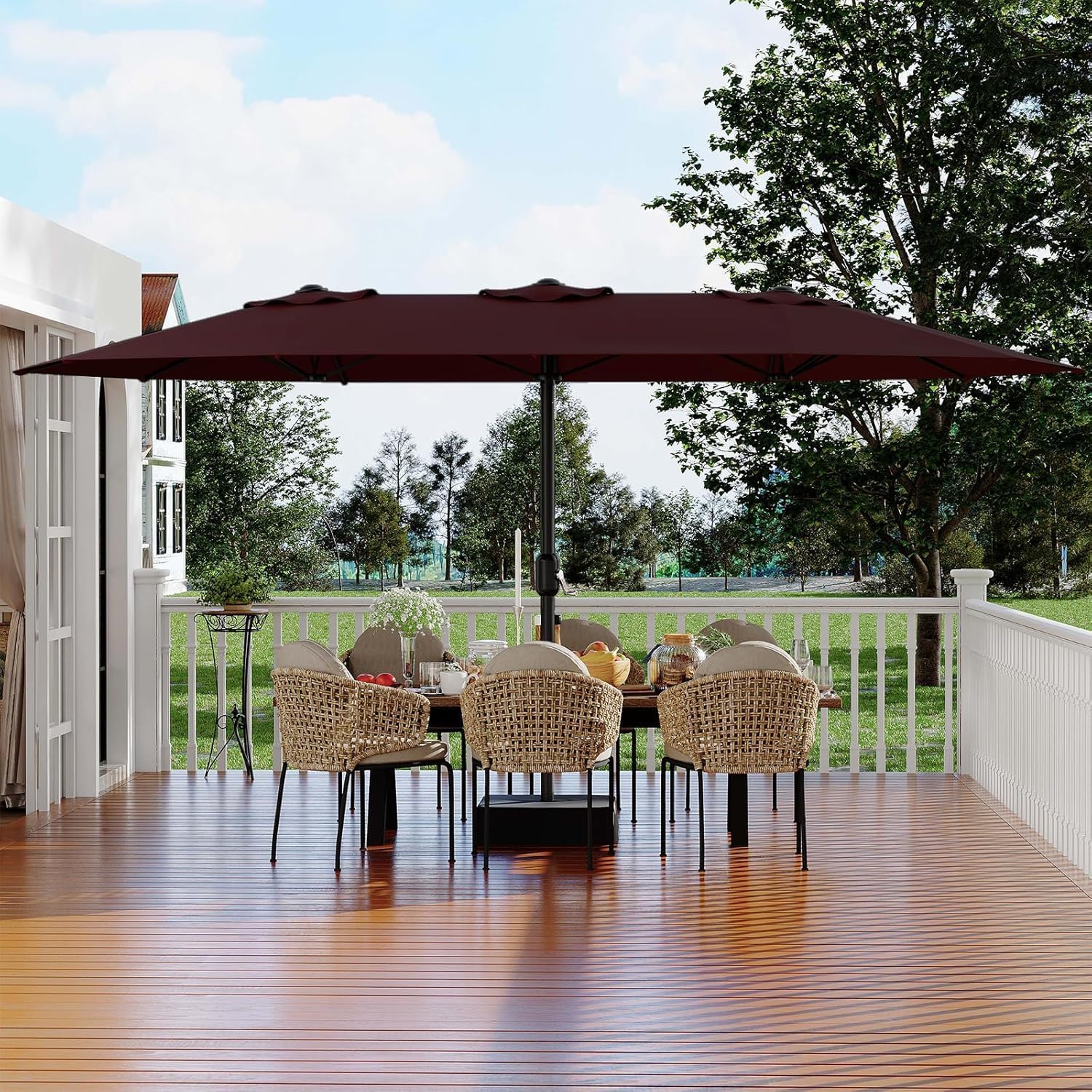 Garvee 15FT Rectangular Outdoor Umbrella Patio Umbrella with Base Included Large Market Umbrellas with Crank Handle UV Protection Table Umbrellas for Outdoor, Backyard, Deck, Poolside, Burgundy