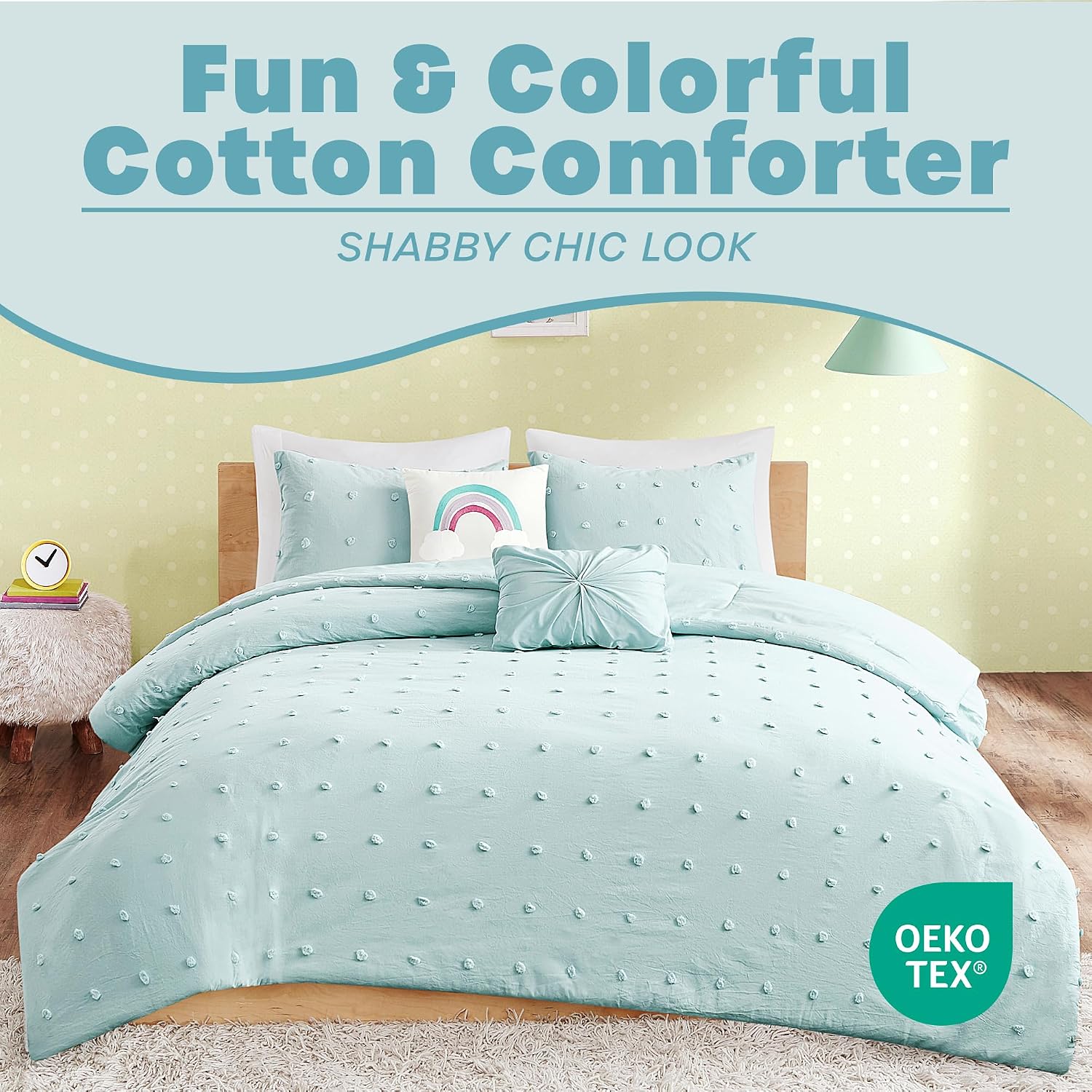 Intelligent Design Kids Callie Cotton Jacquard Weave Colorful Pom Pom Kids Comforter sets, Down Alternative Shabby Chic All Season Girls Bedding, Bedroom Decor, Twin/Twin XL, Aqua 4 Piece