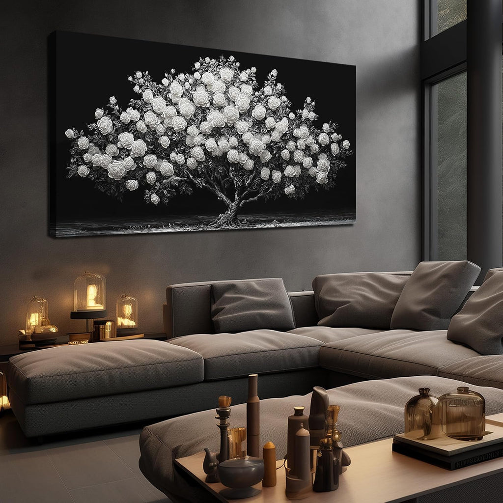 JuhaiArt Tree Painting Canvas Bedroom Black Poster Floral Wall Decor White Rose Wall Picture for Living Room Home Office 29'x 59'
