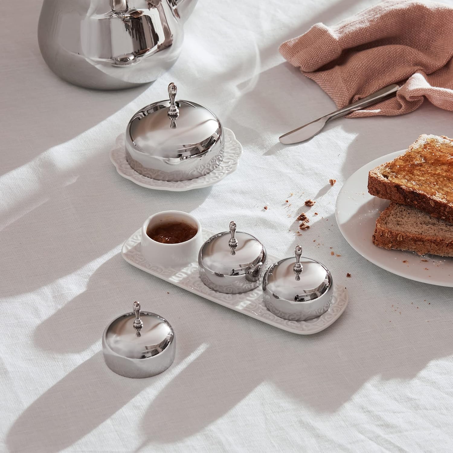 Alessi 'Dressed' Three-Section Jam Tray in Porcelain With Lids in 18/10 Stainless Steel Mirror Polished, White