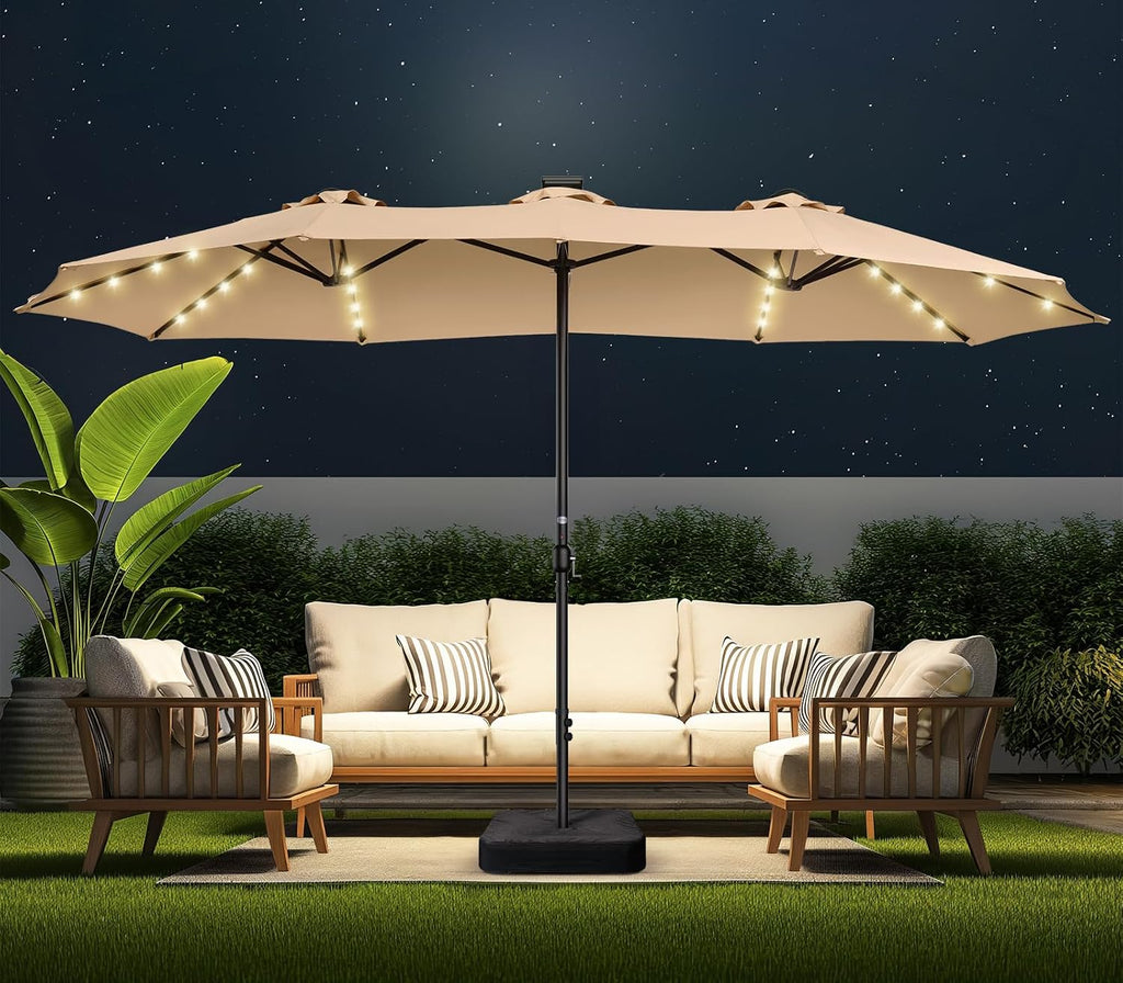 HOMSHADE Double Sided Patio Umbrellas - 15ft Solar Lights LED Lighted Outdoor Extra Large Market Table Umbrella with Base Included, Oversized Umbrella for Deck, Pool, Backyard (Beige)