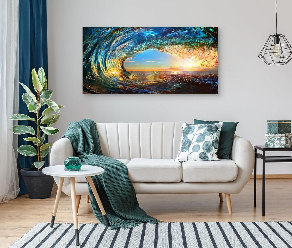 Cao Gen Decor Art S06798 Giant Wave Water Wall Art Canvas Prints 1 Panels Ocean Waves Pictures Paintings with Sunset Blue Seascape Framed for Living Room Bedroom Kicthen Office Artwork
