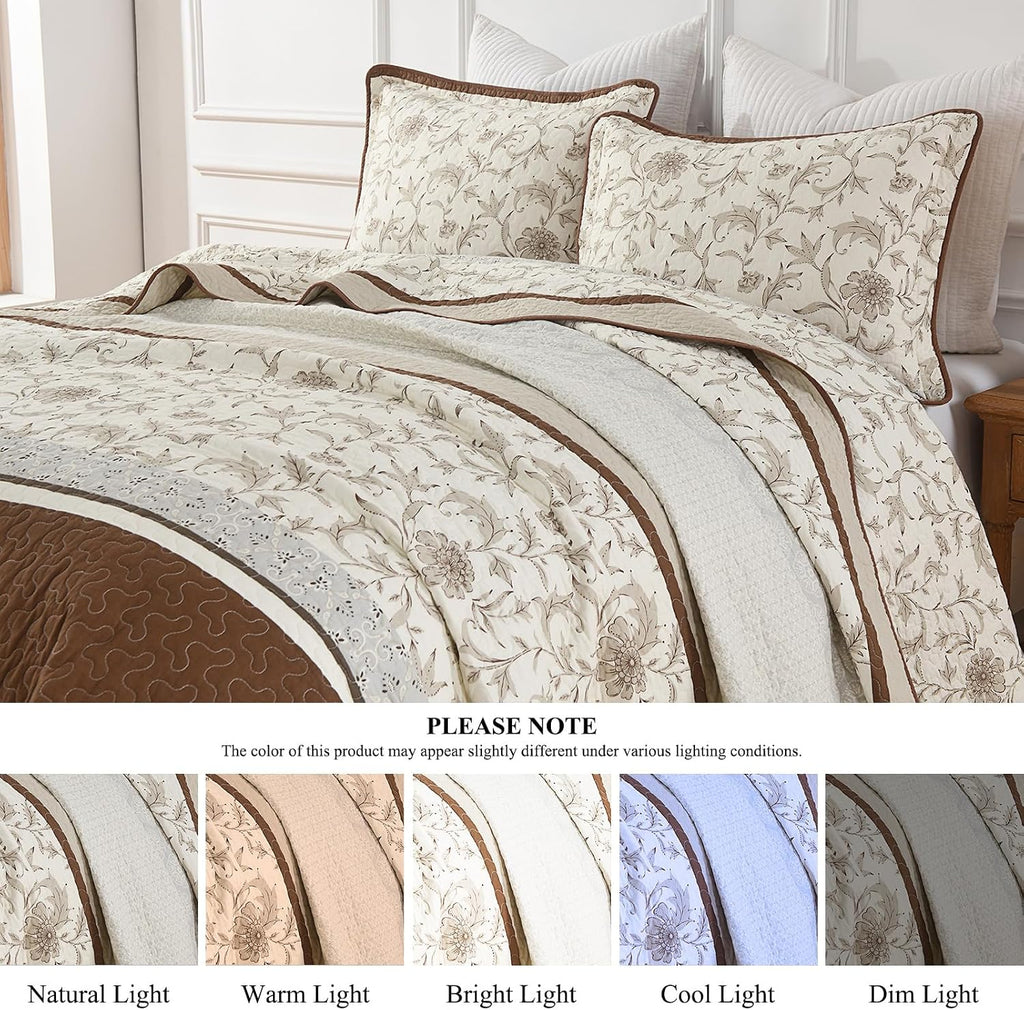 DDUOXIN 100% Cotton King Quilt - Modern Botanical Bed Quilts with 2 Pillow Shams, Floral Print Stripe Bedspread Lightweight Soft Thin Comforter Bedding Set, Brown/Gray/White