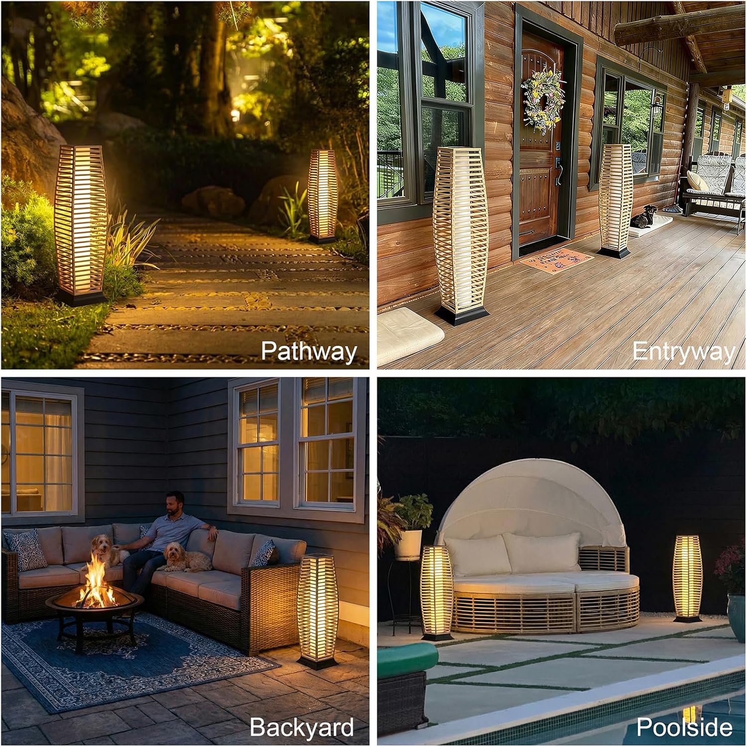 Rattan Outdoor Floor Lamp Set of 2, Boho Solar Porch Lights Outdoor Waterproof for Patio, Garden, Balcony & Deck, Natural (Horizontal)