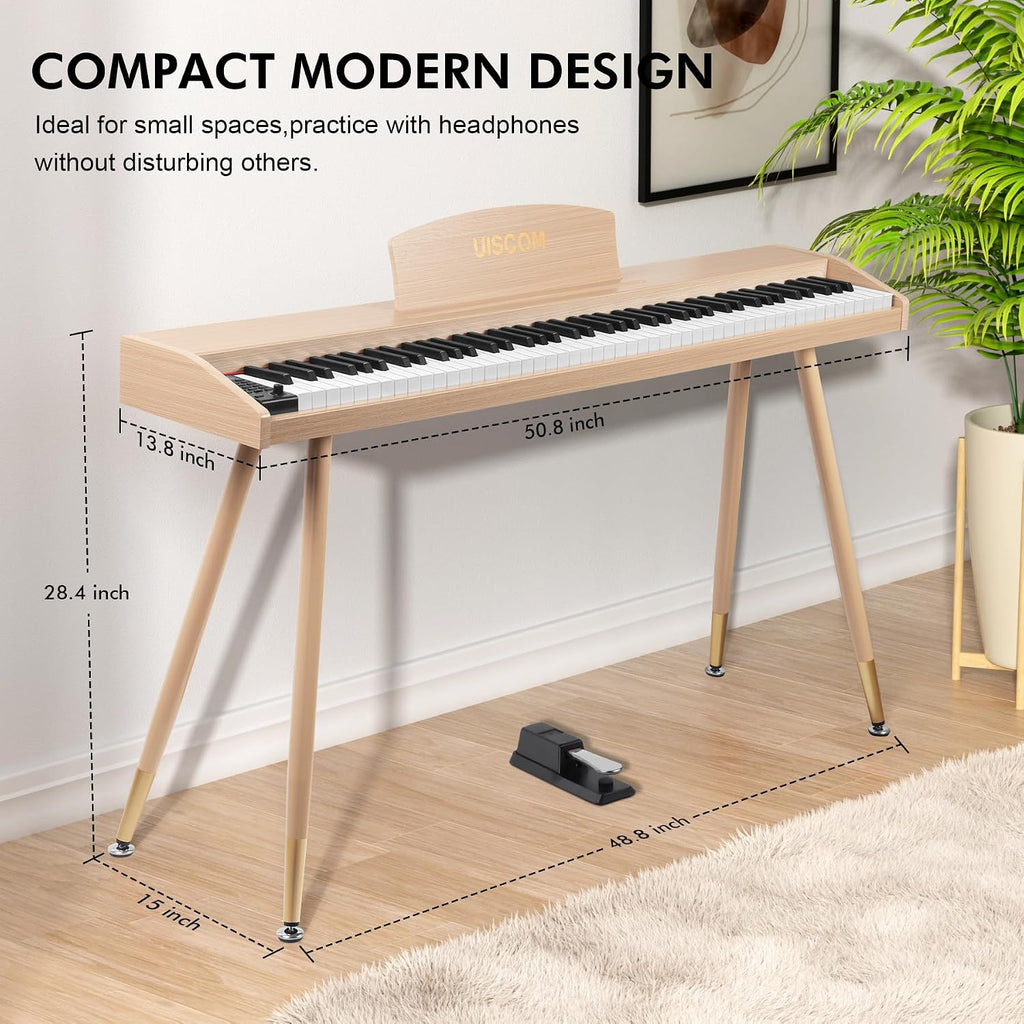 UISCOM Digital Piano Keyboard for Beginners, Full Size 88 Key Semi-Weighted Keyboard Electric Piano with Stand,Power Adapter,Sheet Music Stand,Pedal,Headphone,USB-MIDI Compatible,Wood Grain Apricot