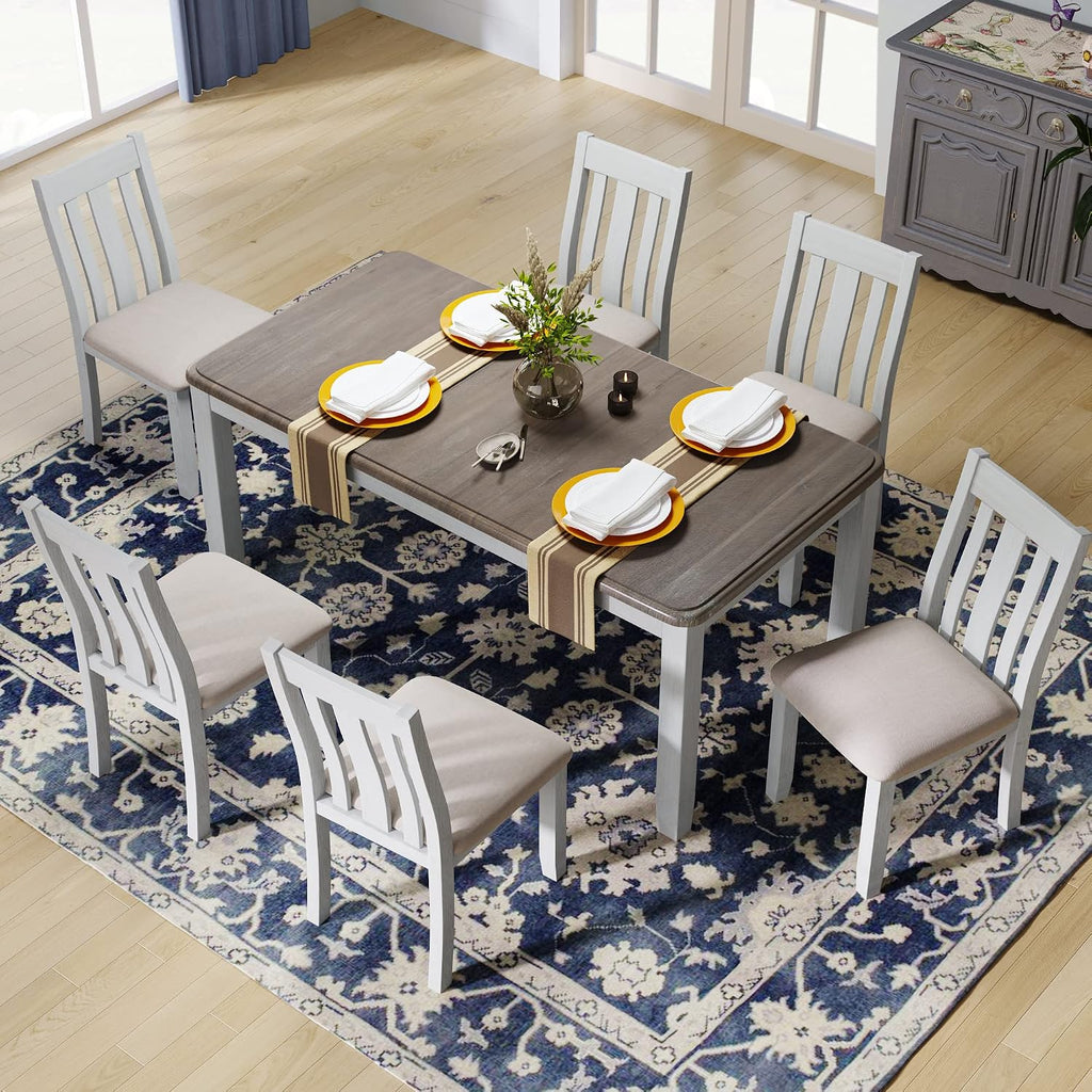 Rustic 7-Piece Kitchen Dining Table Set, Retro Solid Wood Dining Table Set for 6, Rectangle Extendable Table with 6 High Back Upholstered Chairs for Kitchen Dining Room