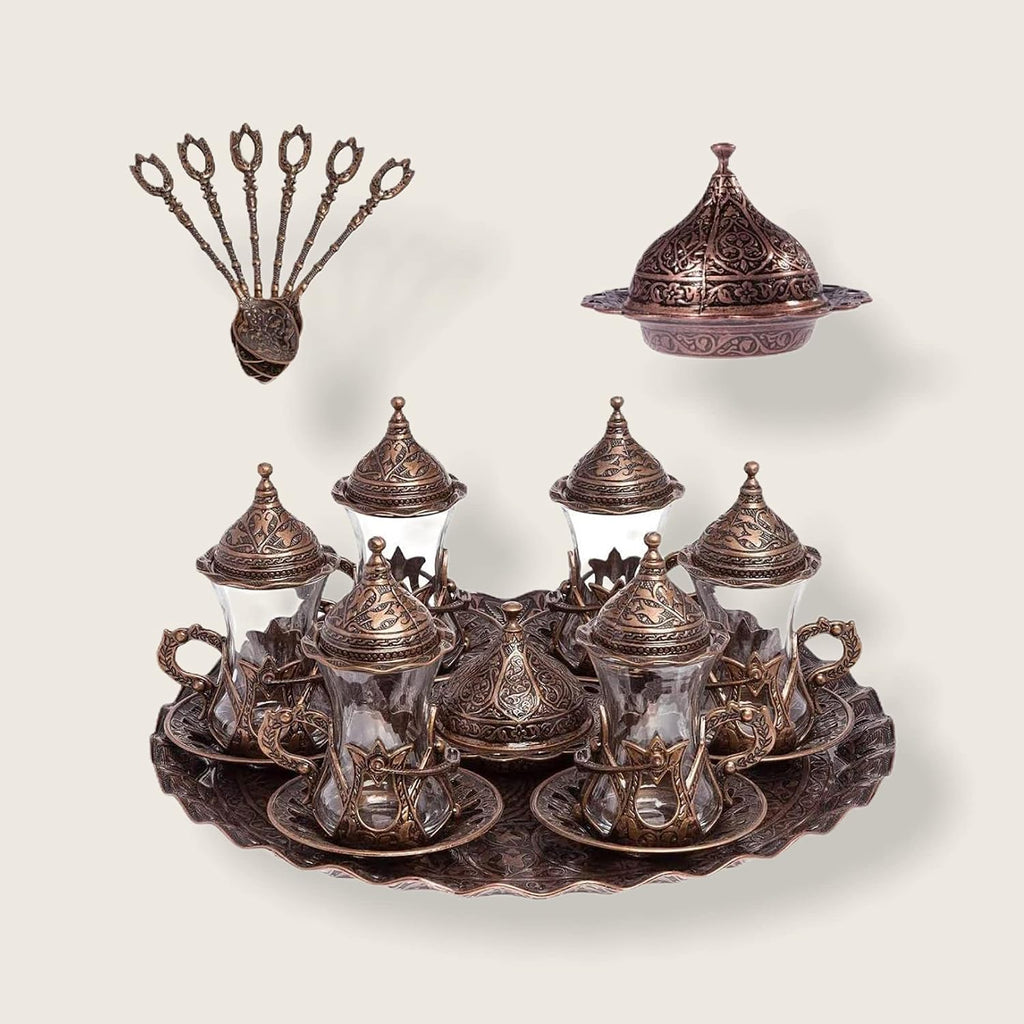 Alisveristime Handmade Turkish Tea Water Zamzam Serving Set Glasses Saucer, Tray and Spoon (Copper)