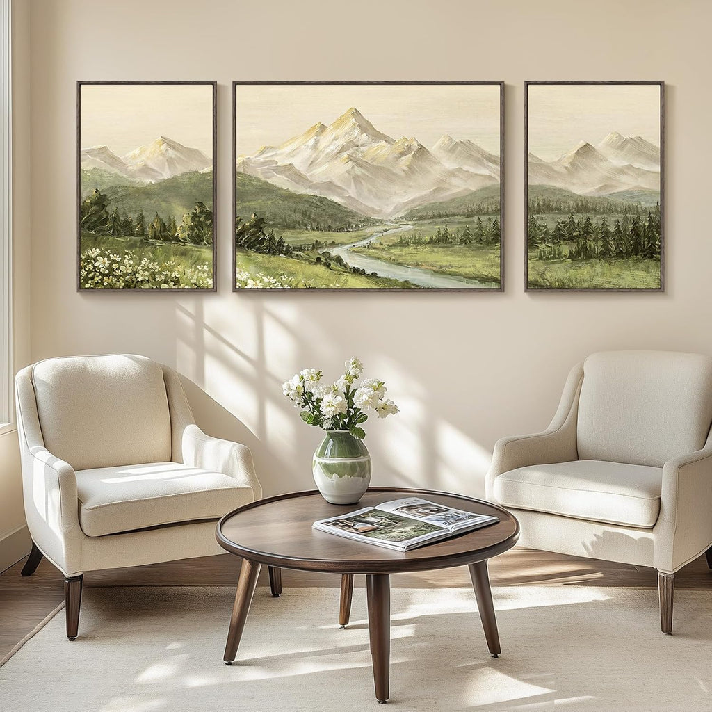 Large Framed Mountain Wall Art for Living Room, 3 Piece Modern Green Landscape Canvas Artworks, Forest River Nature Scenery Painting Prints for Bedroom Entryway Hallway Home Office Wall Decor