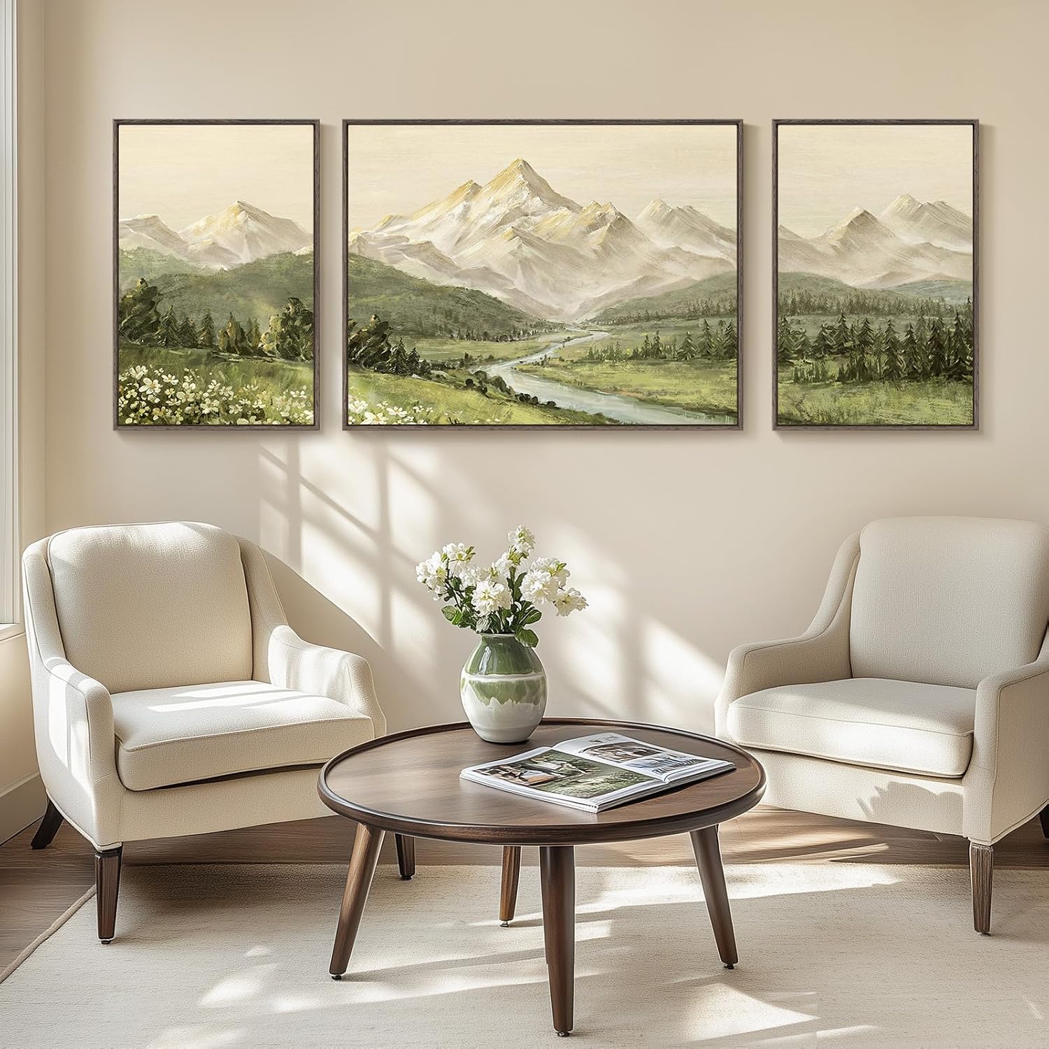 Large Framed Mountain Wall Art for Living Room, 3 Piece Modern Green Landscape Canvas Artworks, Forest River Nature Scenery Painting Prints for Bedroom Entryway Hallway Home Office Wall Decor