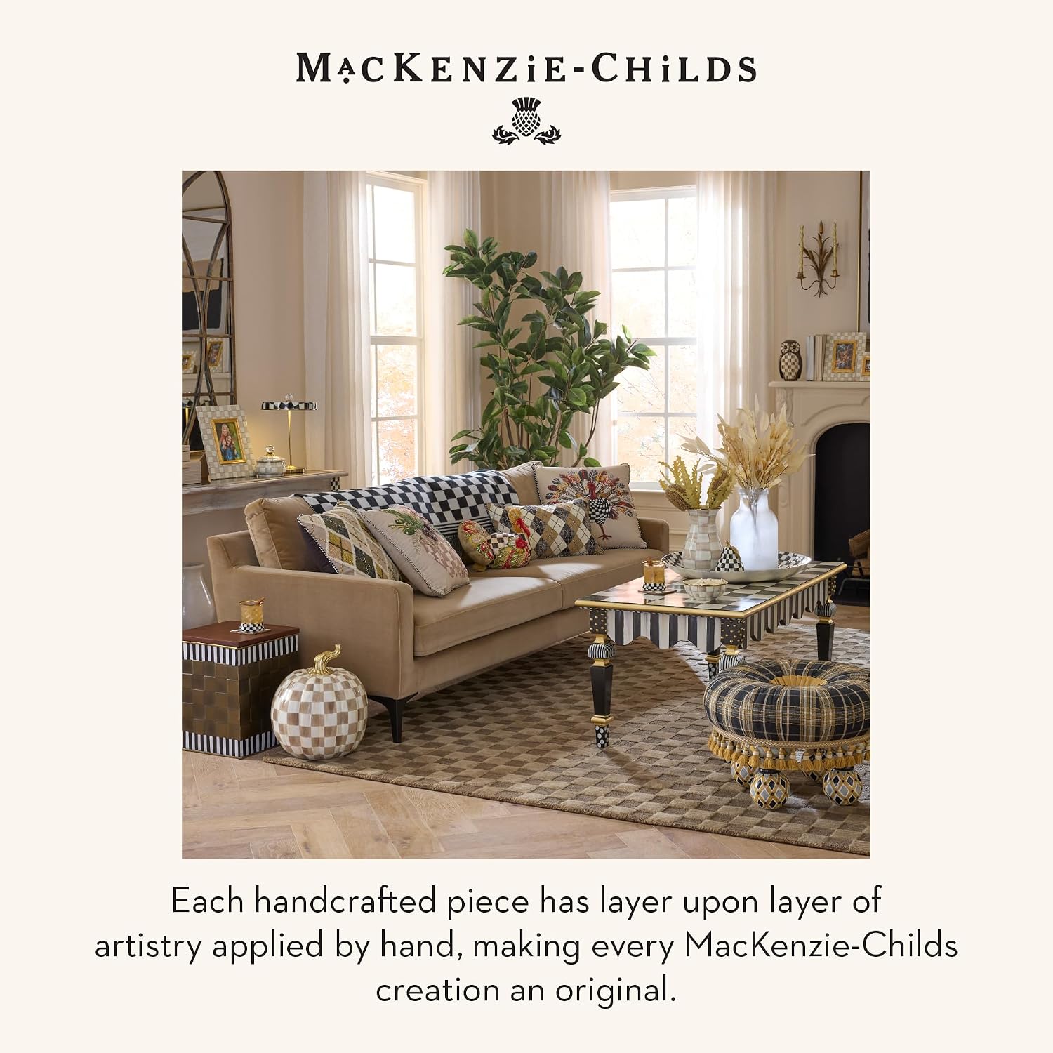 MACKENZIE-CHILDS LED Rechargeable Disk Table Lamp, Cordless Touch Lamp, Black-and-White Courtly Check