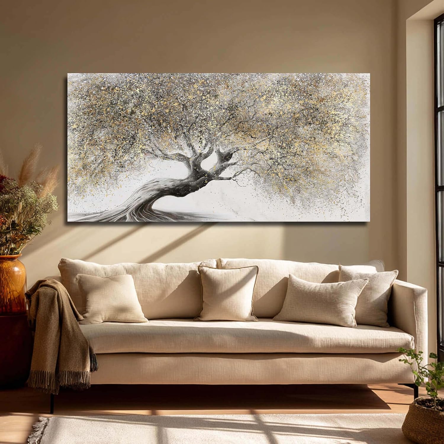 Gold Wall Art Canvas Wall Pictures Large Artwork Landscape Painting Photo Prints Wall Decorations Tree Wall Decor for Living Room Dining Room 29'x58'
