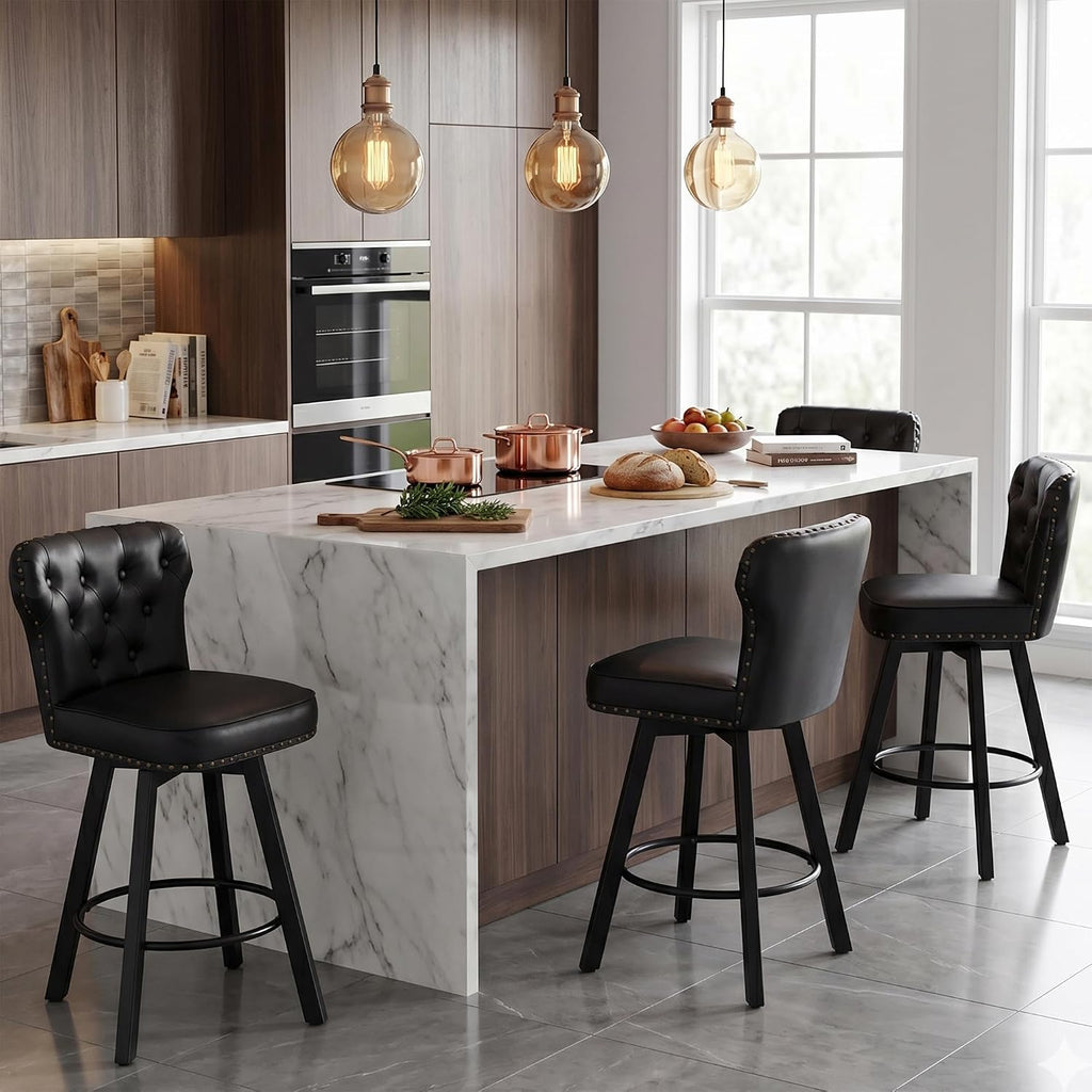 Counter Height Bar Stools Set of 4, Retro Stools for Kitchen, Swivel Bar Stool with Adjustable Metal Base, Rivet Armless PU Leather Barstool with High Back, Thick Wide Seat Cushion(Black)