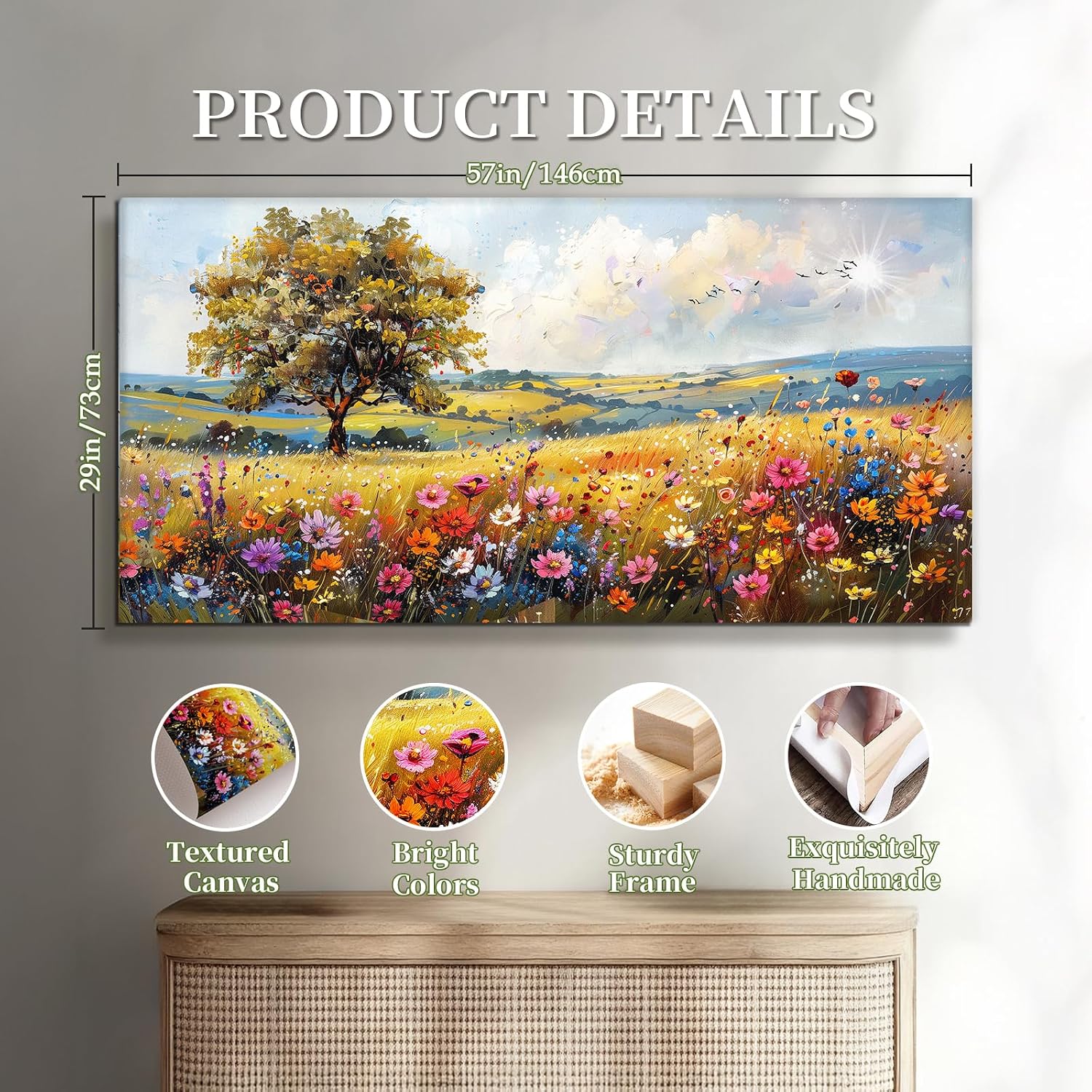 SERIMINO Rustic Landscape Large Wall Art, Tree Flower Sea Canvas Painting, Nature Country Scenery Art Prints, Bright Cottagecore Wall Pictures for Living Room Dining Room, Farmhouse Decor 29X57 Inch