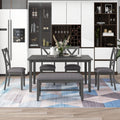 6-Piece Dining Room Table Set, Rustic Farmhouse Wood Dining Table Set with Rectangular Table 4 Upholstered Padded Chairs and 1 Padded Bench, Dining Set for Family of 4-6 People (Grey)