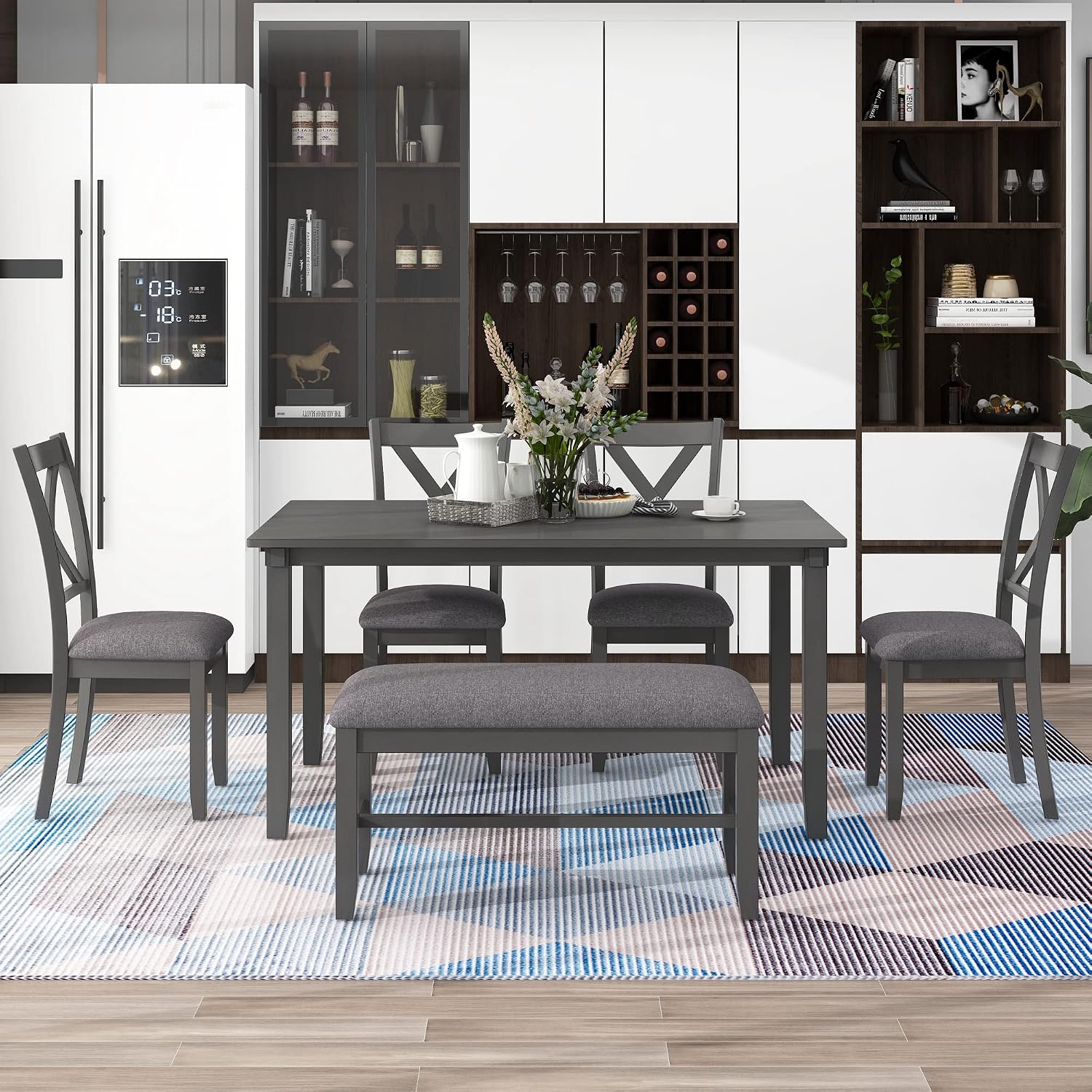 6-Piece Dining Room Table Set, Rustic Farmhouse Wood Dining Table Set with Rectangular Table 4 Upholstered Padded Chairs and 1 Padded Bench, Dining Set for Family of 4-6 People (Grey)