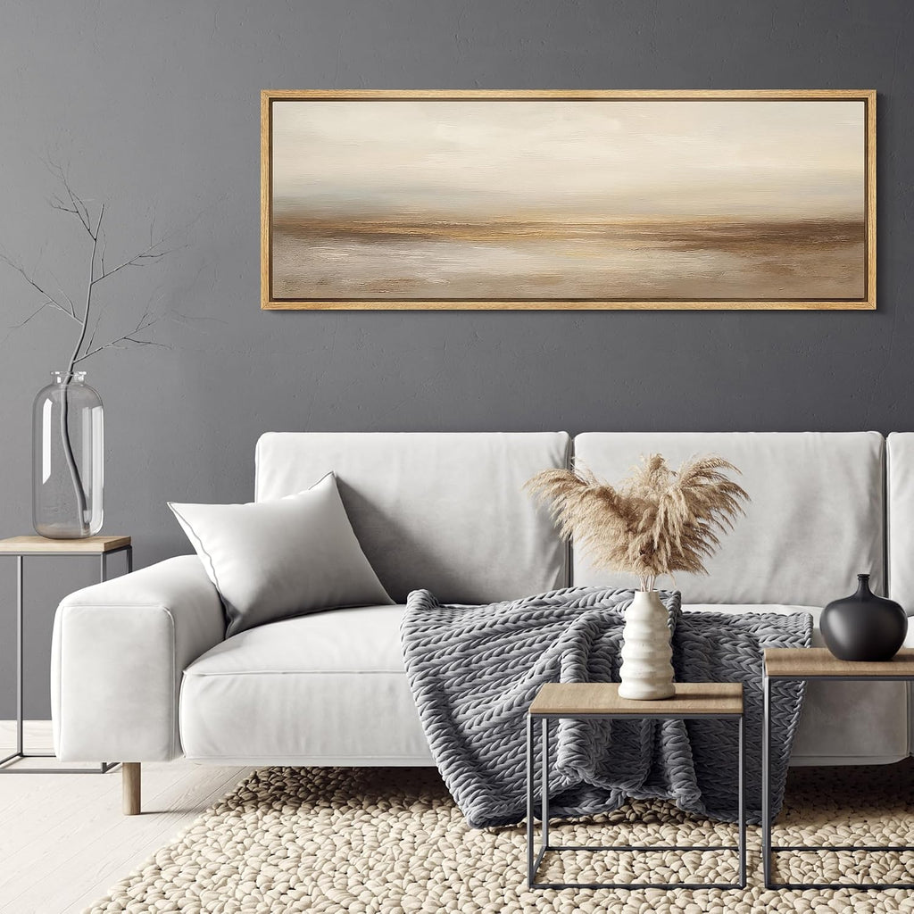 MUDECOR Large Framed Canvas Print Wall Art Neutral Beige Horizon Abstract Modern Minimalist Landscape Illustrations Decorative Colorful for Bedroom - 60'x20'