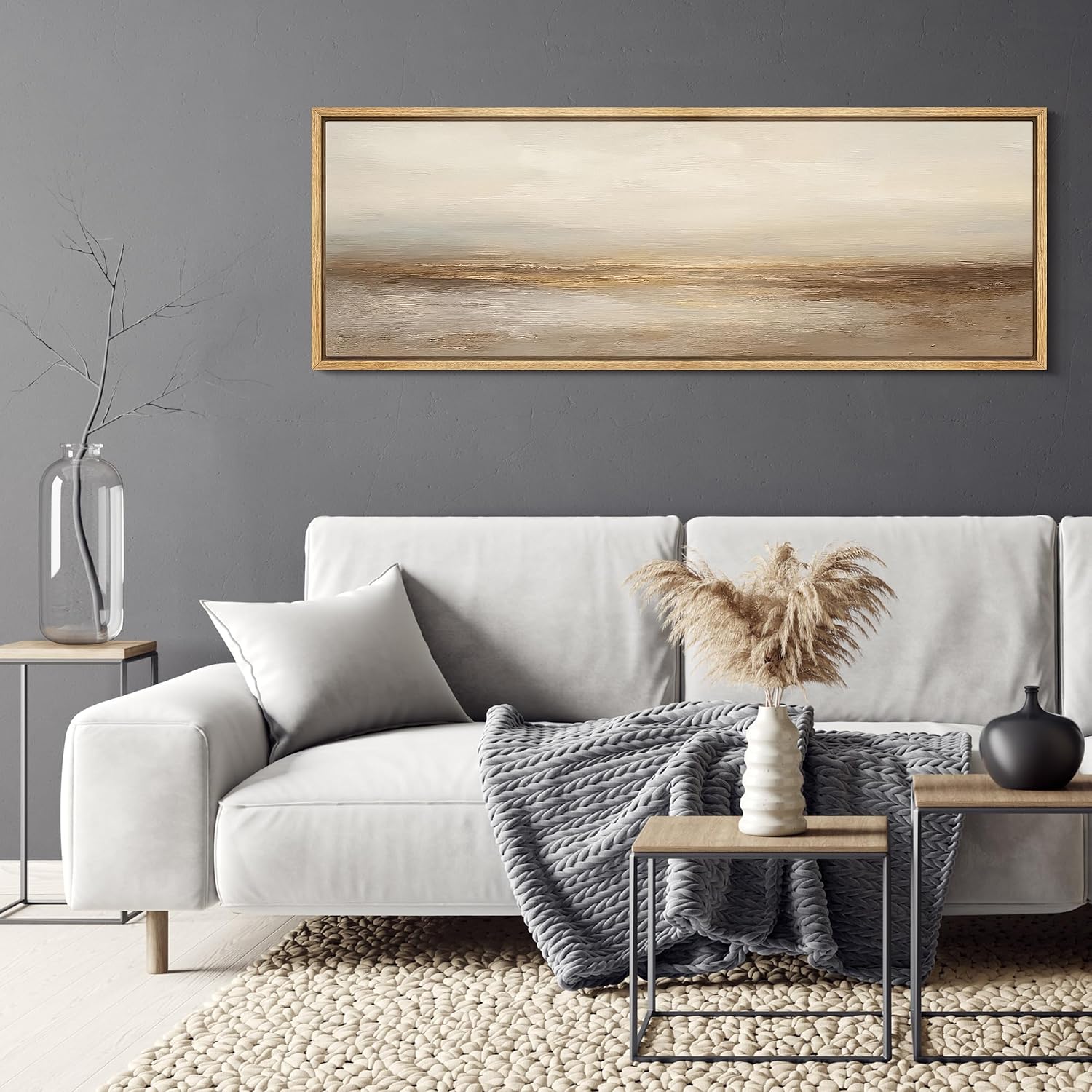 MUDECOR Large Framed Canvas Print Wall Art Neutral Beige Horizon Abstract Modern Minimalist Landscape Illustrations Decorative Colorful for Bedroom - 60'x20'