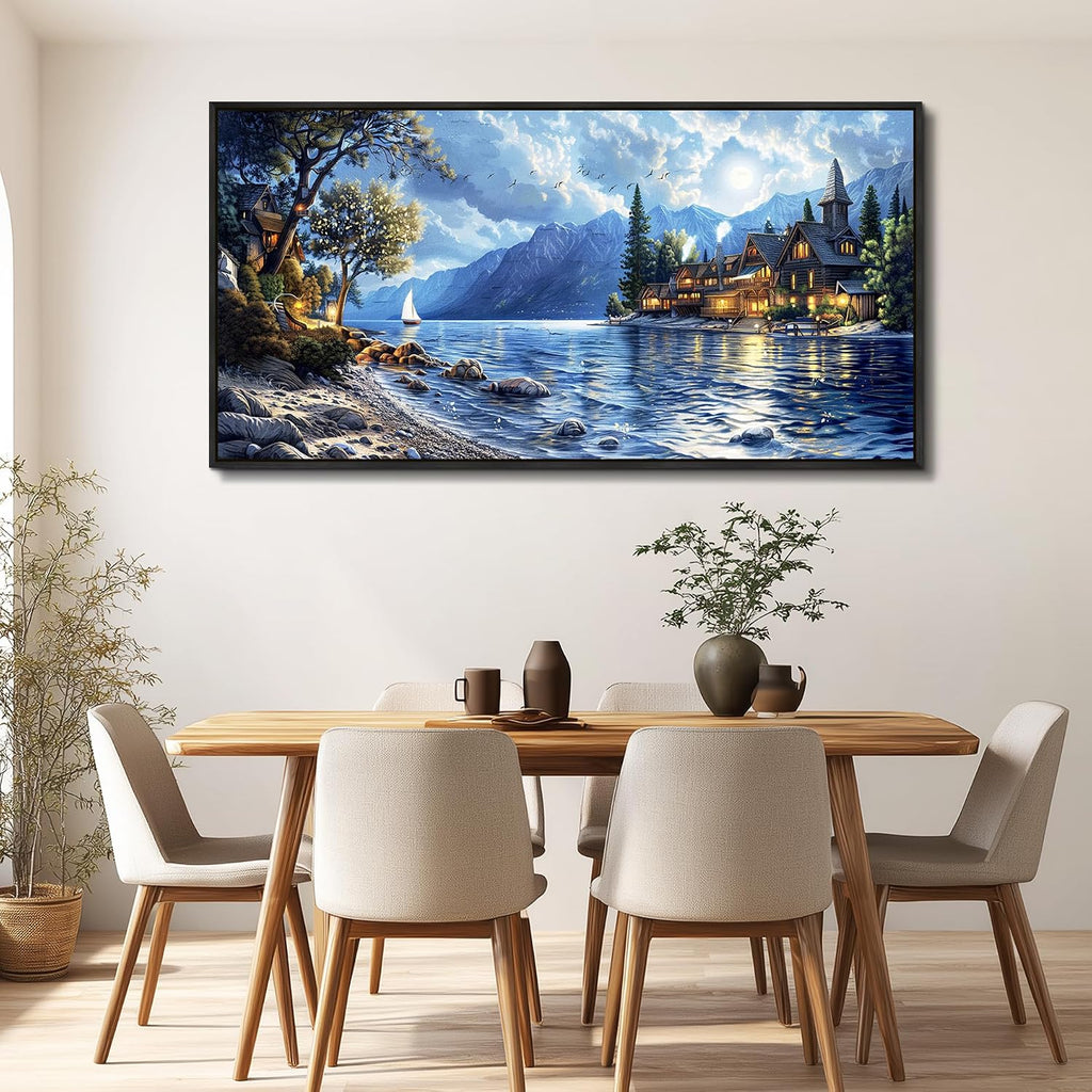 XIGUANGART Coastal Wall Art Blue Ocean Picture Mountain Wall Decor Lake Beside Countryside Large Canvas Print Art for Living Room Bedroom Home Office Forest Scenery Painting Decoration Framed Artwork