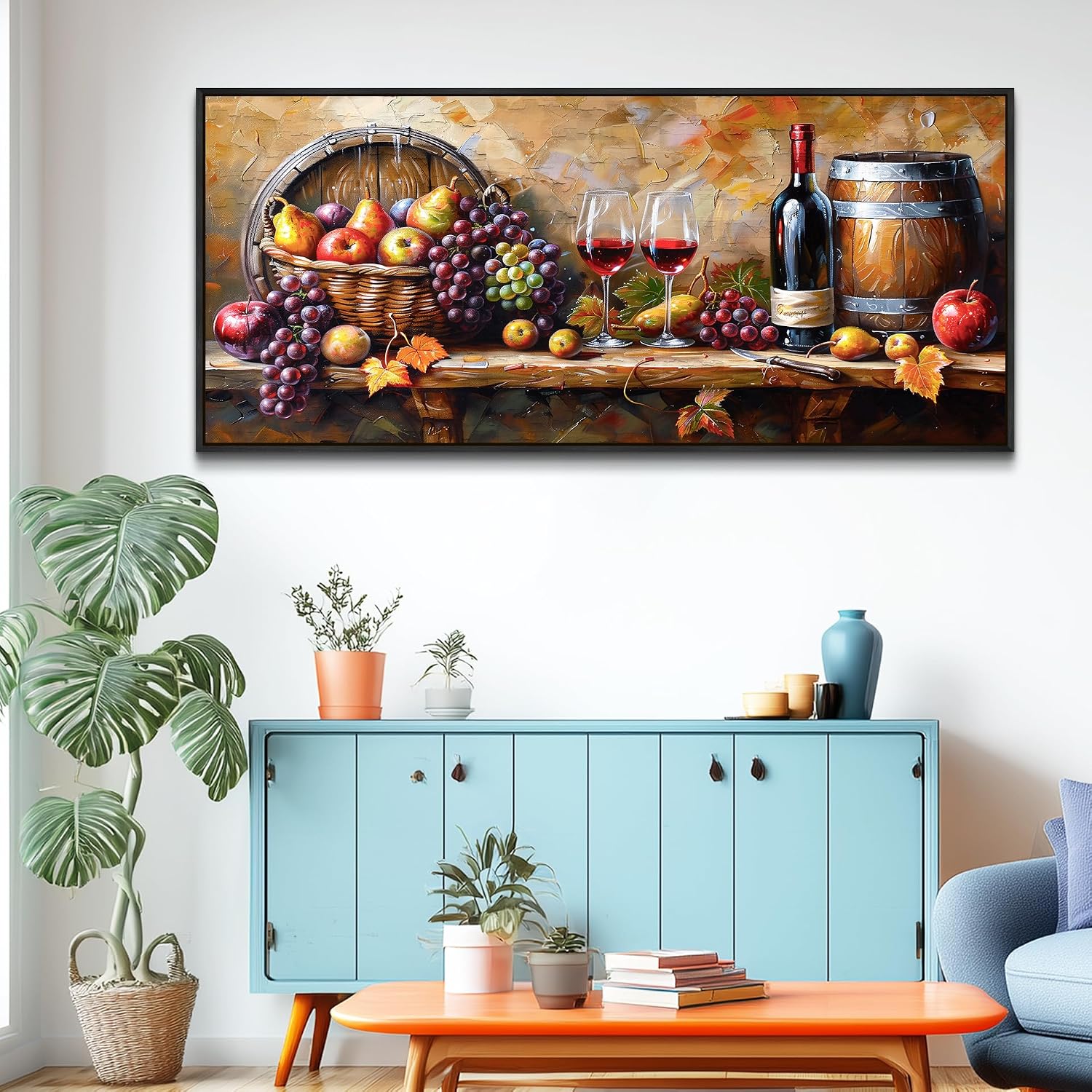 XIGUANGART Large Framed Wall Art for Kitchen, Vintage Food Wine Painting Prints, Rustic Wall Decor Fruit Harvest Pictures for Living Room Dining Room Pub Home Bar Farmhouse Decorations 32x72 In