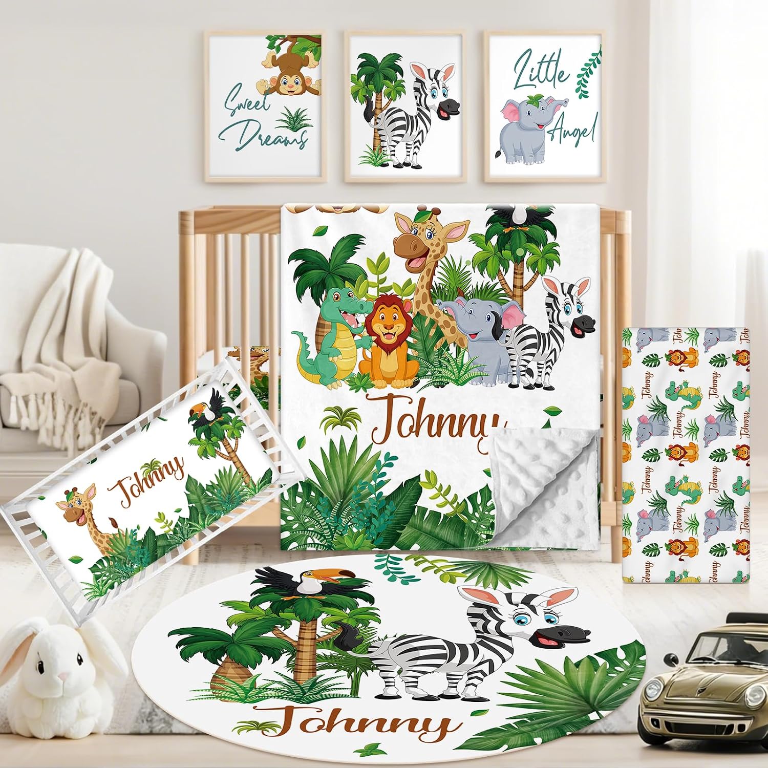 Personalized Baby Crib Bedding Set, 5 Pcs Custom Name Nursery Bedding Set for Girls Boys, Jungle Animals Baby Crib Set for Toddlers Infants, Double Layer Bedding Crib Sets Customized Gifts