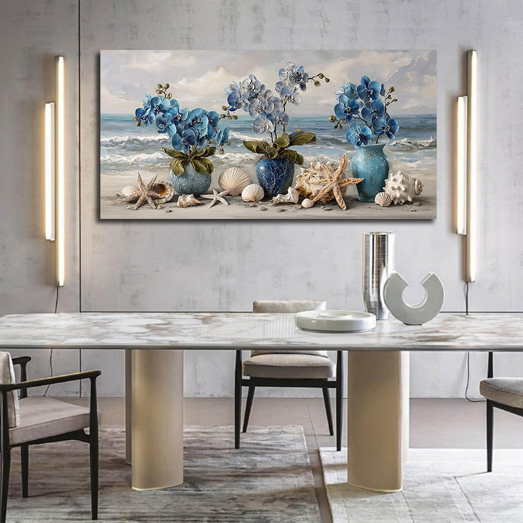 AOZEMI Vase Wall Art Large Seascape Wall Decor Beach Canvas Art Coastal Ocean Pictures Flower Poster Starfish Conch Shell Print Art for Bedroom Bathroom Living Room Office 29'x 59'