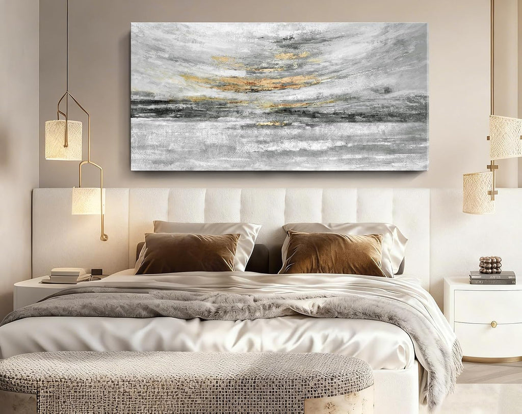 Nicetop 58x29' Modern Minimalist Black & White Abstract Coastal Wall Art with Metallic Gold Accents – Gallery Wrapped Abstract Ocean Waves & Clouds Canvas Art, Ready to Hang for Living Room Wall Decor, Bedroom Wall Art & Office Wall Decor