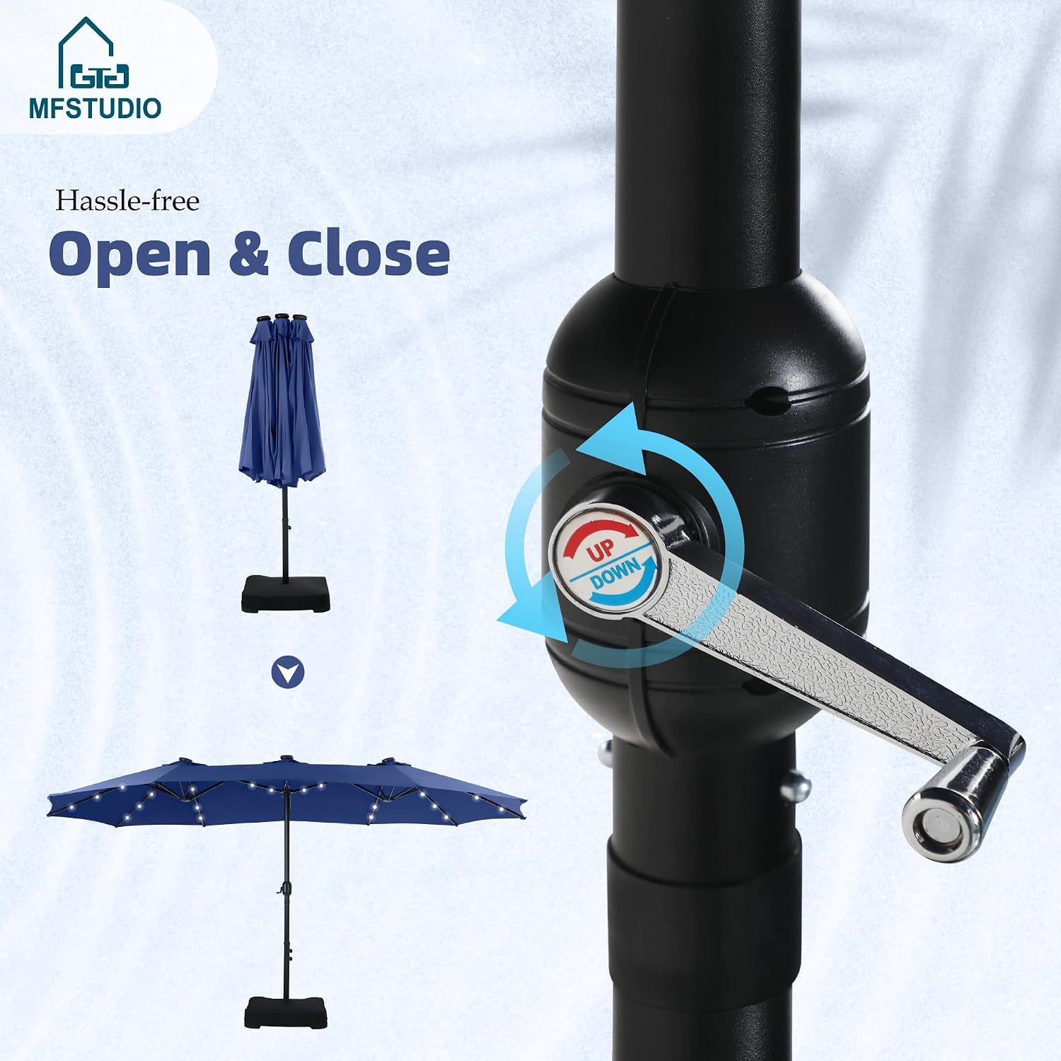 MFSTUDIO 15ft Double Sided Patio Umbrella with Solar Lights, Outdoor Large Umbrellas with Crank Handle and 36 LED Lights, Rectangular Market Umbrella with Base Included for Deck Pool Shade, Haze Blue