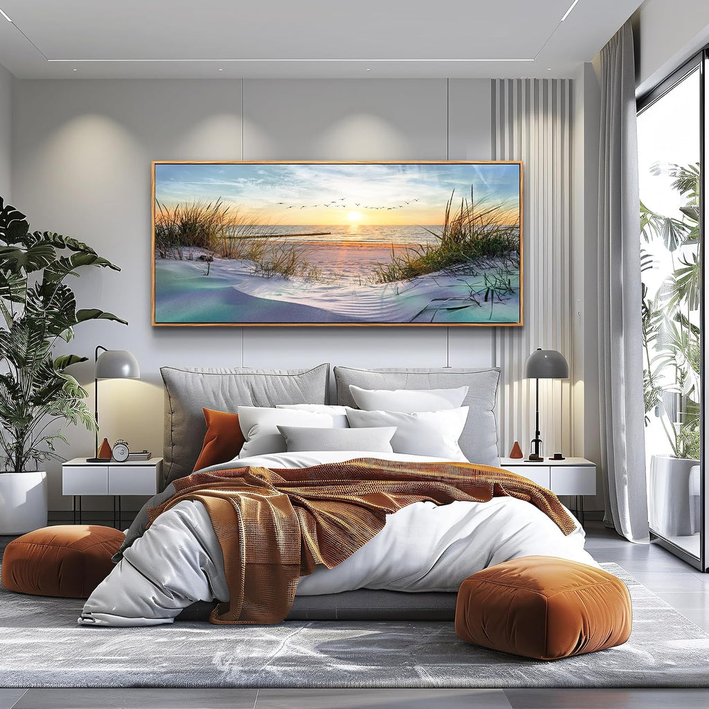 Wapluam Beach Wall Art For Living Room Coastal Canvas Prints Artwork Ocean Seascape Wall Paintings Nature Landscape Wall Decor Pictures for Bedroom Office Hotel Extra Large Framed Home Decor 32x72 In