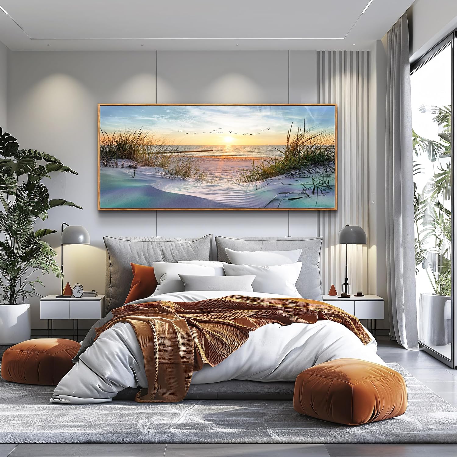 Wapluam Beach Wall Art For Living Room Coastal Canvas Prints Artwork Ocean Seascape Wall Paintings Nature Landscape Wall Decor Pictures for Bedroom Office Hotel Extra Large Framed Home Decor 32x72 In