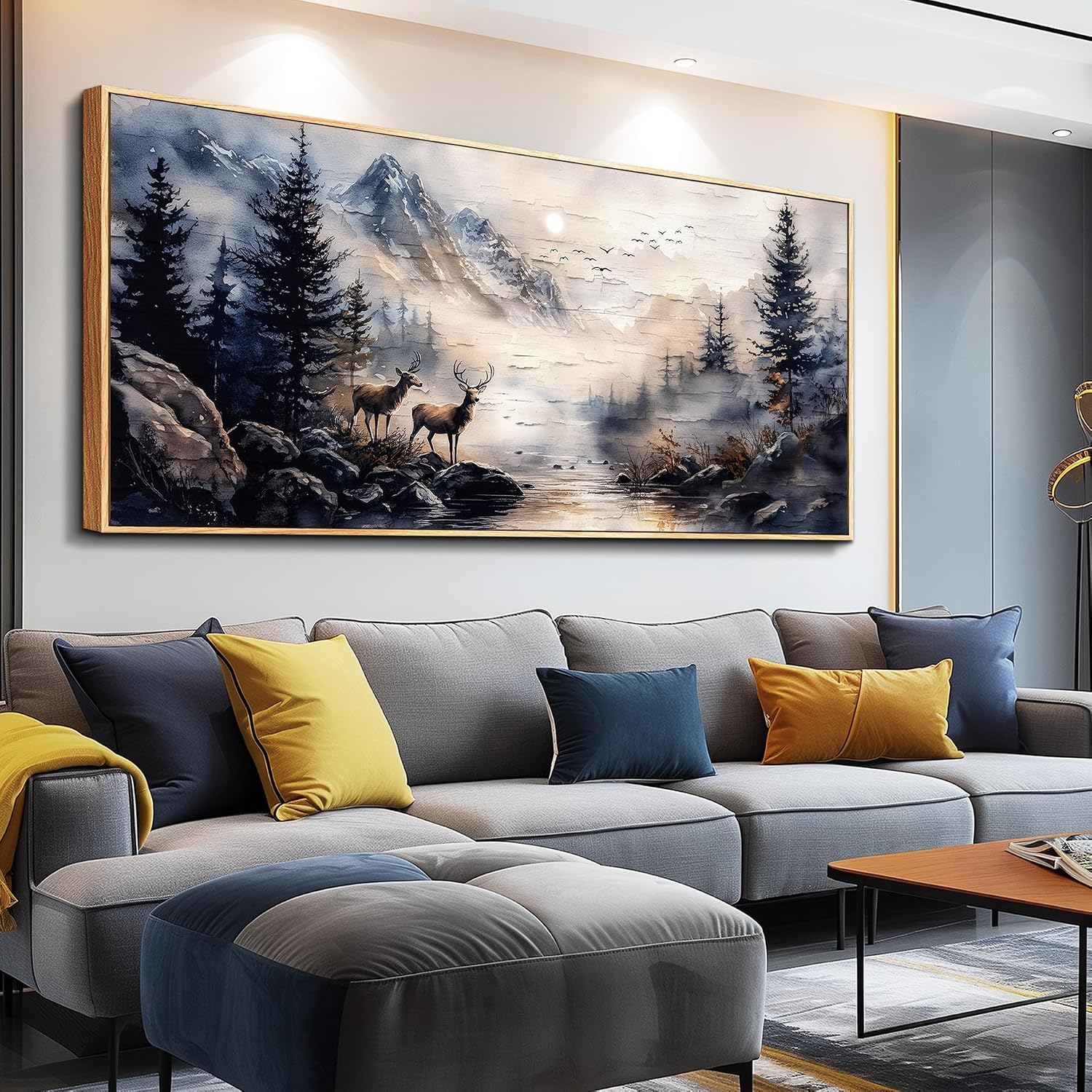 ERQINHUA Modern Abstraction Ink Painting Elk Forest landscape Large Canvas Wooden Frame Wall Art For Bedroom Wall Decor For Living Room Restaurant Office Printed Art Home Decor Ready To Hang32 X72
