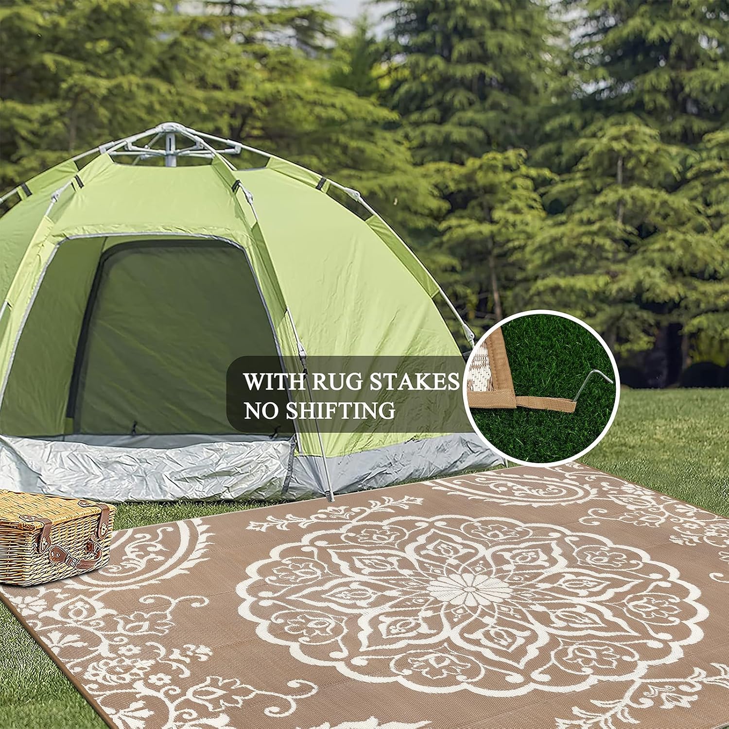 Pauwer Waterproof Outdoor Rug 10x14, Reversible Plastic Straw Patio Camping Rug, Indoor Outdoor RV Mat Carpet for Deck, Camper, Porch, Balcony, Backyard, Picnic, Boho Brown