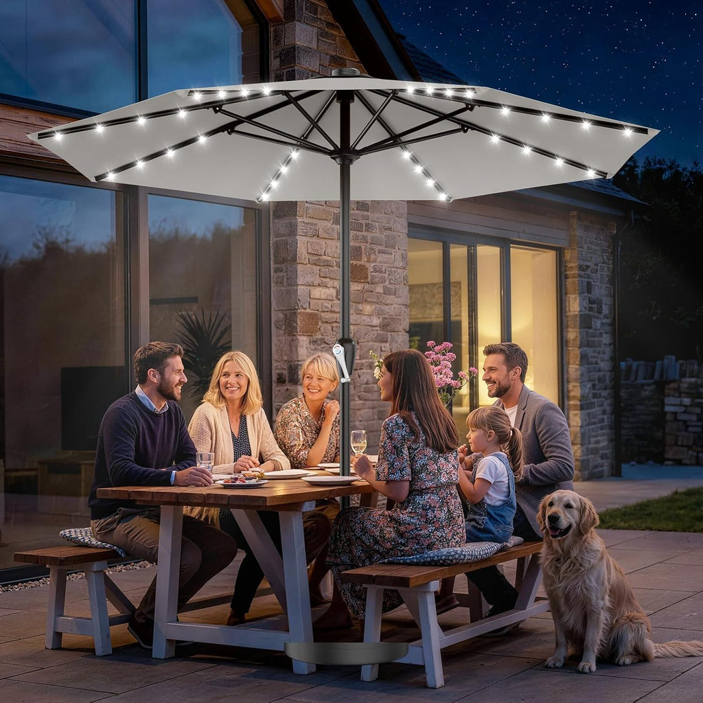 AreShark 12FT Large Patio Umbrella with Solar Lights, Solar Powered Outdoor Umbrella with Crank, Patio Table Market Umbrellas for Garden, Deck, Backyard, Pool and Beach, Light Gray