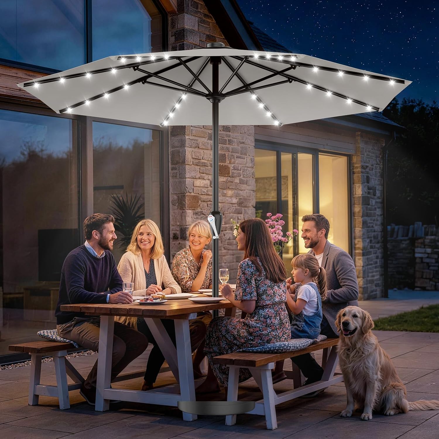 AreShark 12FT Large Patio Umbrella with Solar Lights, Solar Powered Outdoor Umbrella with Crank, Patio Table Market Umbrellas for Garden, Deck, Backyard, Pool and Beach, Light Gray