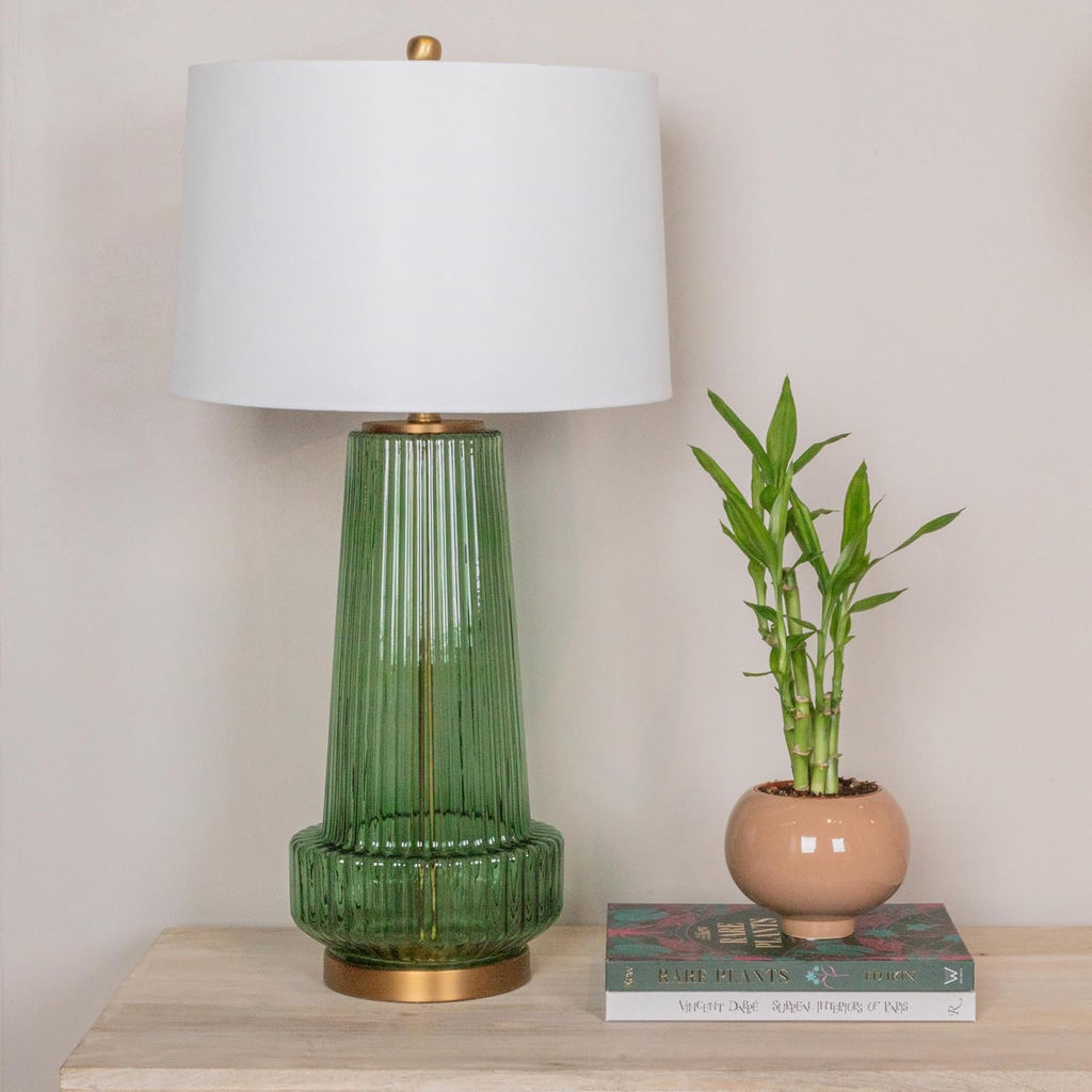 Creative Co-Op Ribbed Glass Table Lamp with Tapered Drum Shade, Green