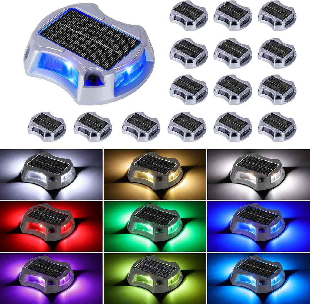 Bosceos Solar Driveway Lights Outdoor 16-Pack, Solar Deck Lights RGB Color Modes Dock Light Waterproof Driveway Markers Step Light for Sidewalk Stair Garden Pathway Walkway Yard