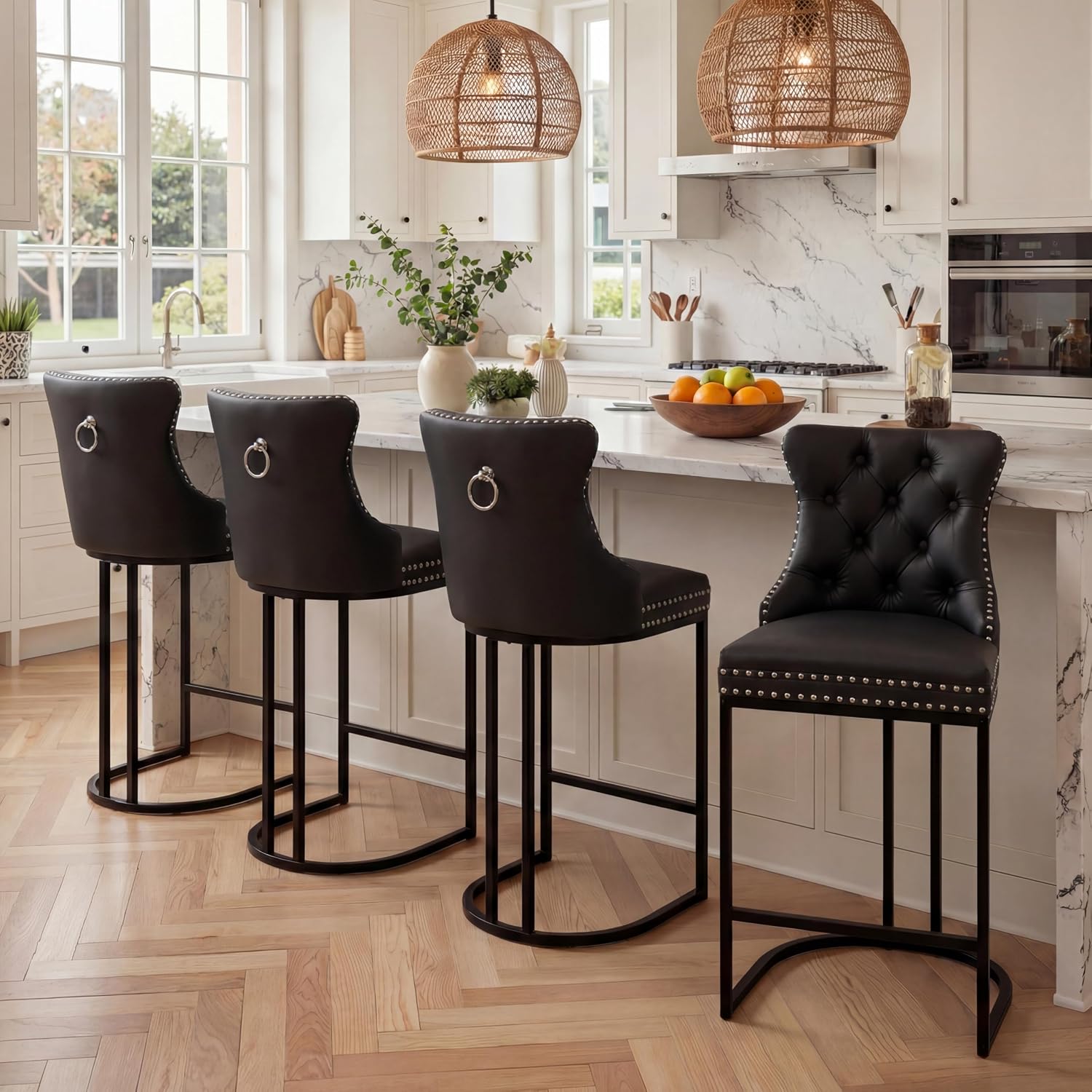 AQO 26 Inch Bar Stools Set of 4, Modern Counter Height Bar Stools with Backs, Upholstered Faux Leather Counter Stools for Kitchen Island, Black
