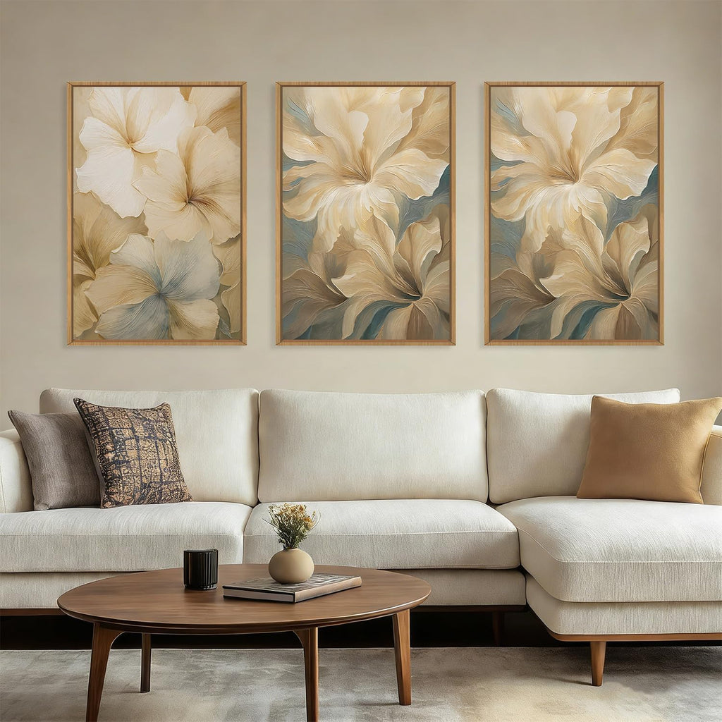 KAIRNE Neutral Beige Flower Framed Canvas Wall Art Set, Modern Magnolia Floral Wall Decor,Aesthetic Warm Wildflower Art Prints,Boho Botanical Artwork for Living Room,Bedroom,Farmhouse,Office-24'x36'x3