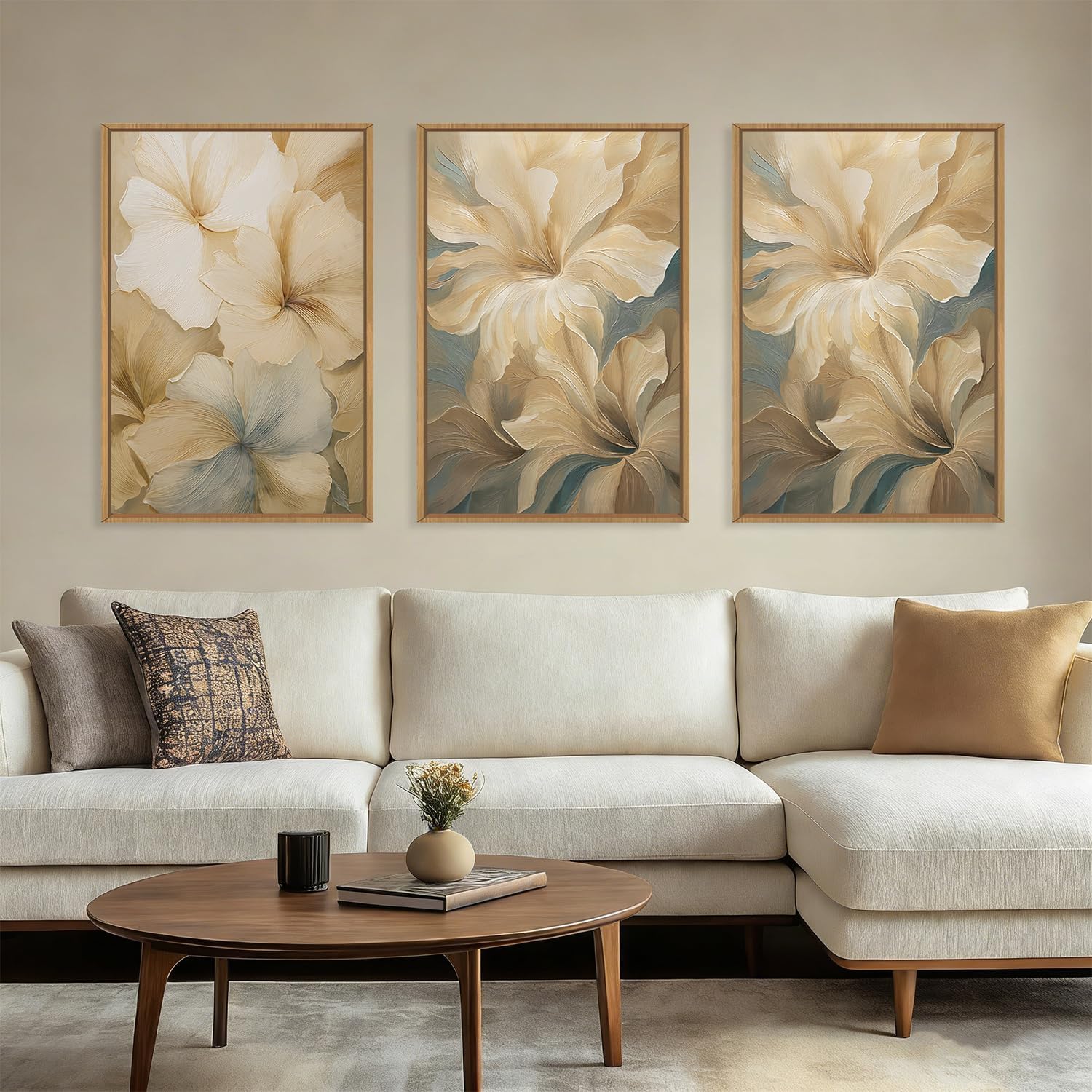 KAIRNE Neutral Beige Flower Framed Canvas Wall Art Set, Modern Magnolia Floral Wall Decor,Aesthetic Warm Wildflower Art Prints,Boho Botanical Artwork for Living Room,Bedroom,Farmhouse,Office-24'x36'x3