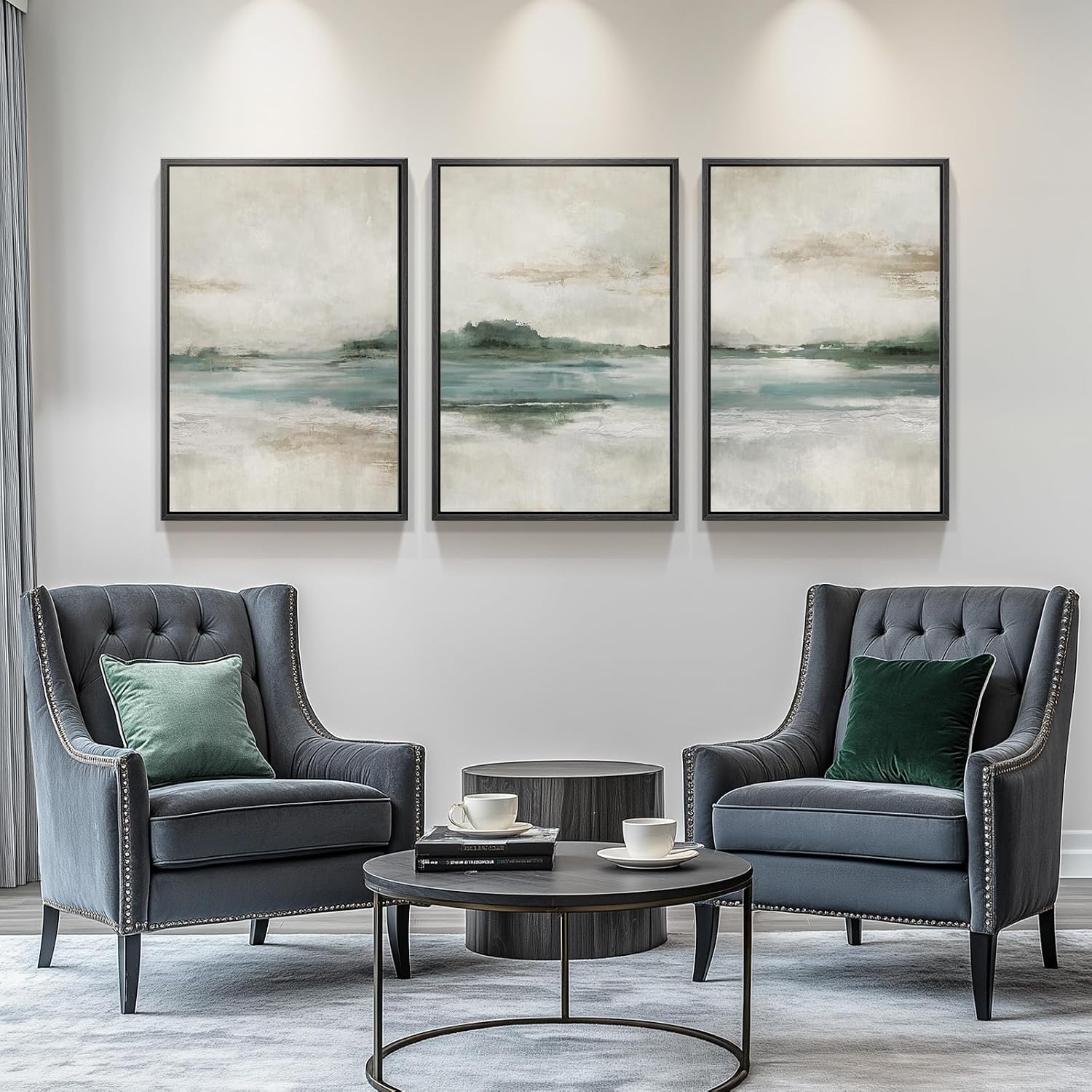 Large Framed Abstract Landscape Wall Art, 3 Piece Canvas Prints Paintings Artwork for Walls, Soft Blue and Green Nature Lake Pictures for Living Room Dining Bedroom Home Office Wall Decor 20x30 In