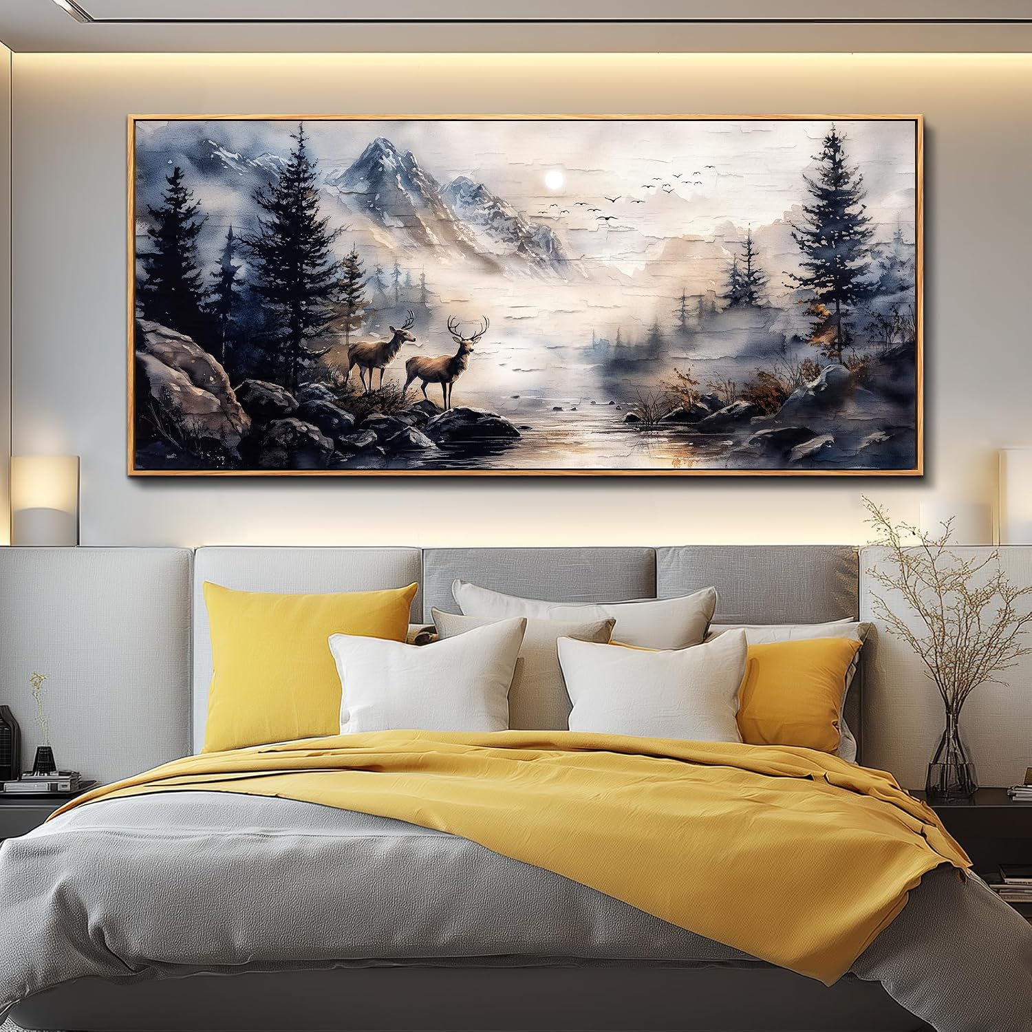ERQINHUA Modern Abstraction Ink Painting Elk Forest landscape Large Canvas Wooden Frame Wall Art For Bedroom Wall Decor For Living Room Restaurant Office Printed Art Home Decor Ready To Hang32 X72