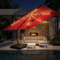 ENSTVER 11x11ft Large Cantilever Umbrella With Base Included & Solar Powered Led Lights, Deluxe Curvy All-Aluminum Rectangular Patio Umbrella For Deck, Pool And Backyard (Red)