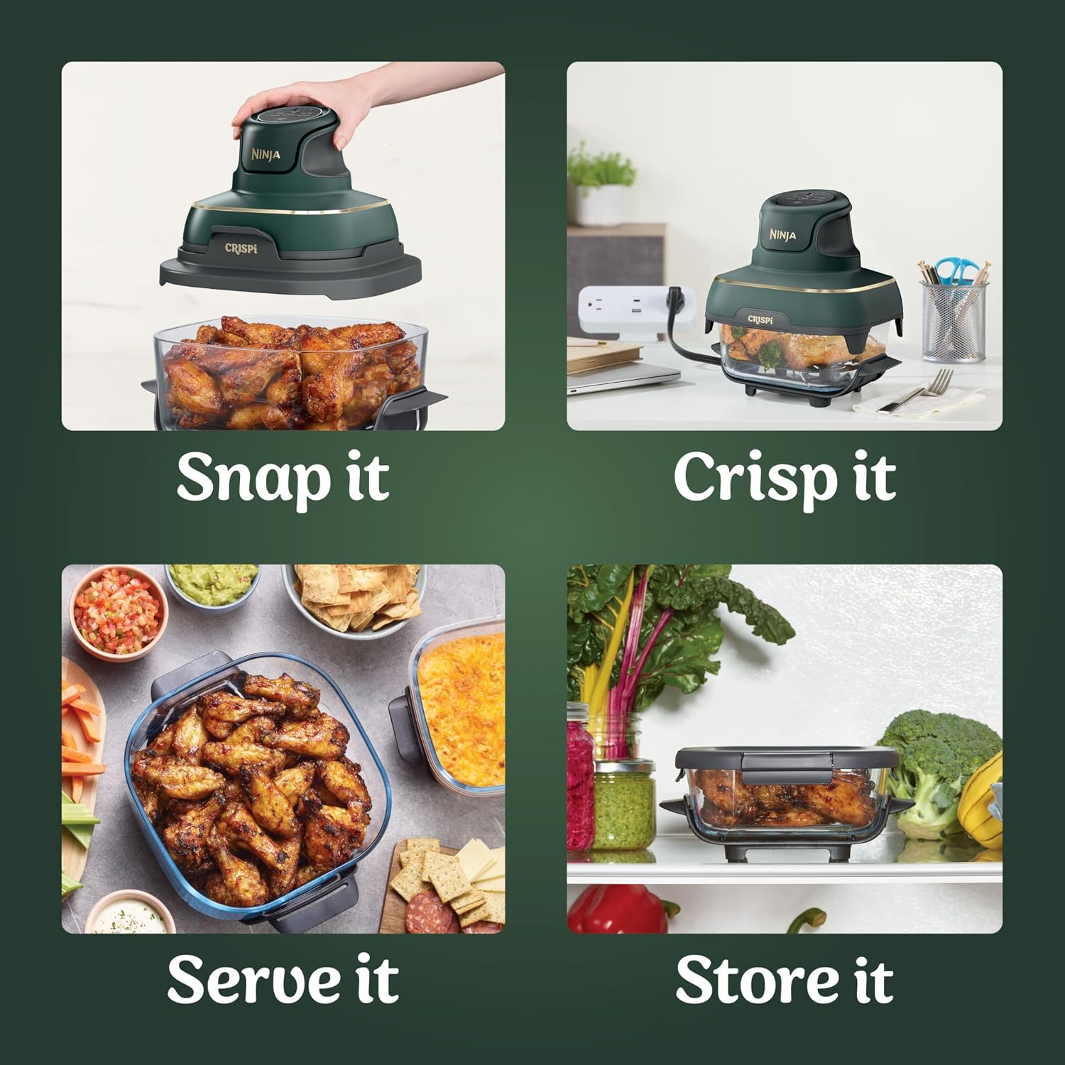 Ninja Crispi 5-in-1 Glass Air Fryer | With Nontoxic 2.5 QT, 4QT, 6-Cup Containers & Lids | Microwave, Freezer & Dishwasher Safe | 450°F Max Temp | Green | FN103BF