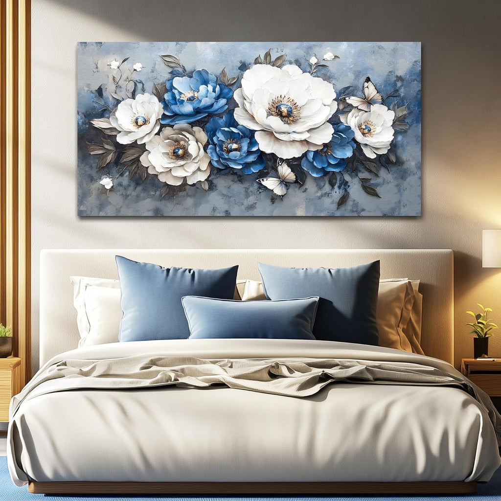 WLWBINTING Large Flower Pictures Wall Decor Vintage Floral Wall Art Floral Canvas Wall Art White Blue Floral Paintings Wall Decor Pictures Farmhouse Wall Art For Living Room Bedroom Office Home Decor