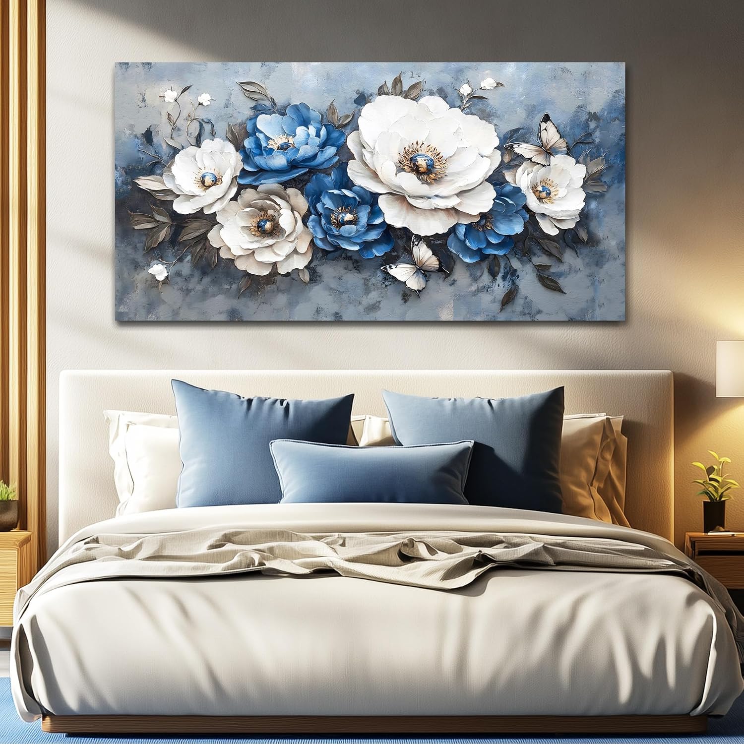 WLWBINTING Large Flower Pictures Wall Decor Vintage Floral Wall Art Floral Canvas Wall Art White Blue Floral Paintings Wall Decor Pictures Farmhouse Wall Art For Living Room Bedroom Office Home Decor